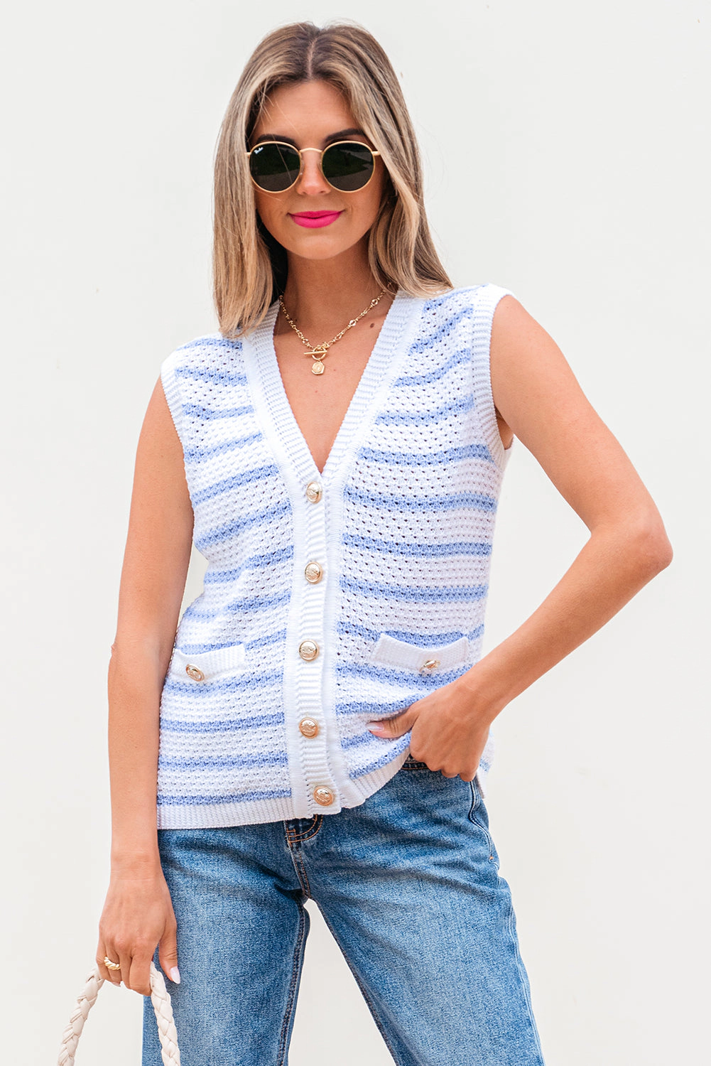 Threaded Pear Women's Veda V Neck Gold Buttons Elegant Sweater Vest