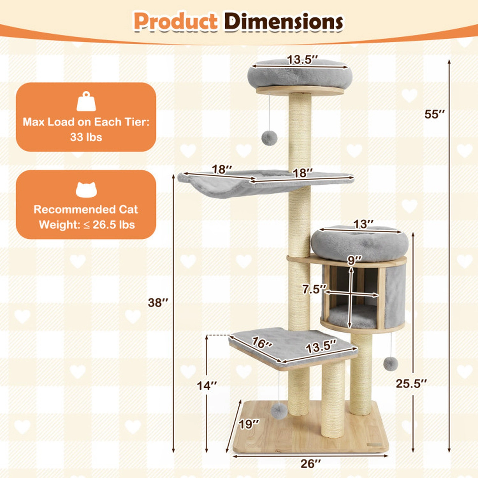 SUGIFT 55-in Solid Rubber Wood Cat Tree with Condo Hammock and Scratching Posts 33-lb Capacity Natural + Gray
