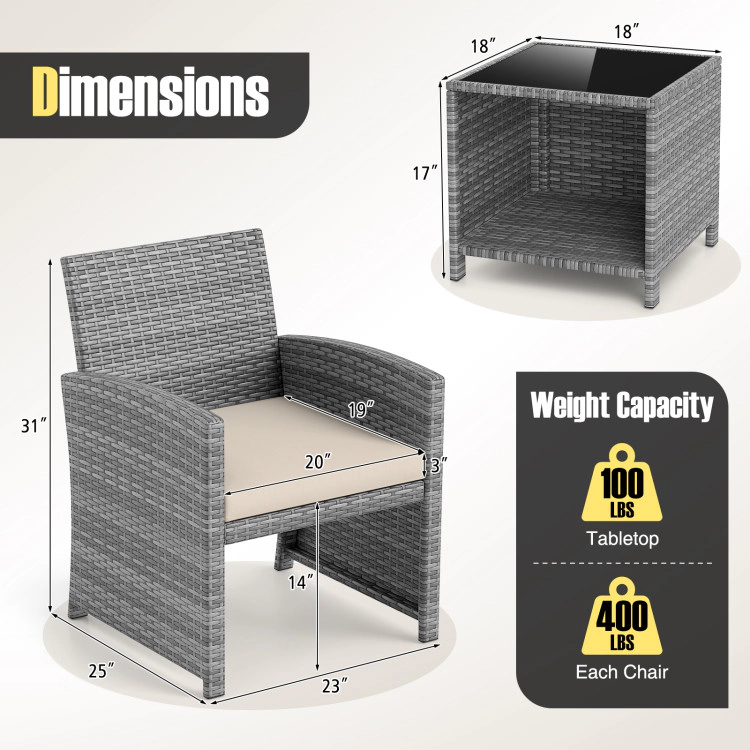 Hivvago 3 Pieces Patio Furniture Set With Tempered Glass Coffee Table And Soft Seat Cushions