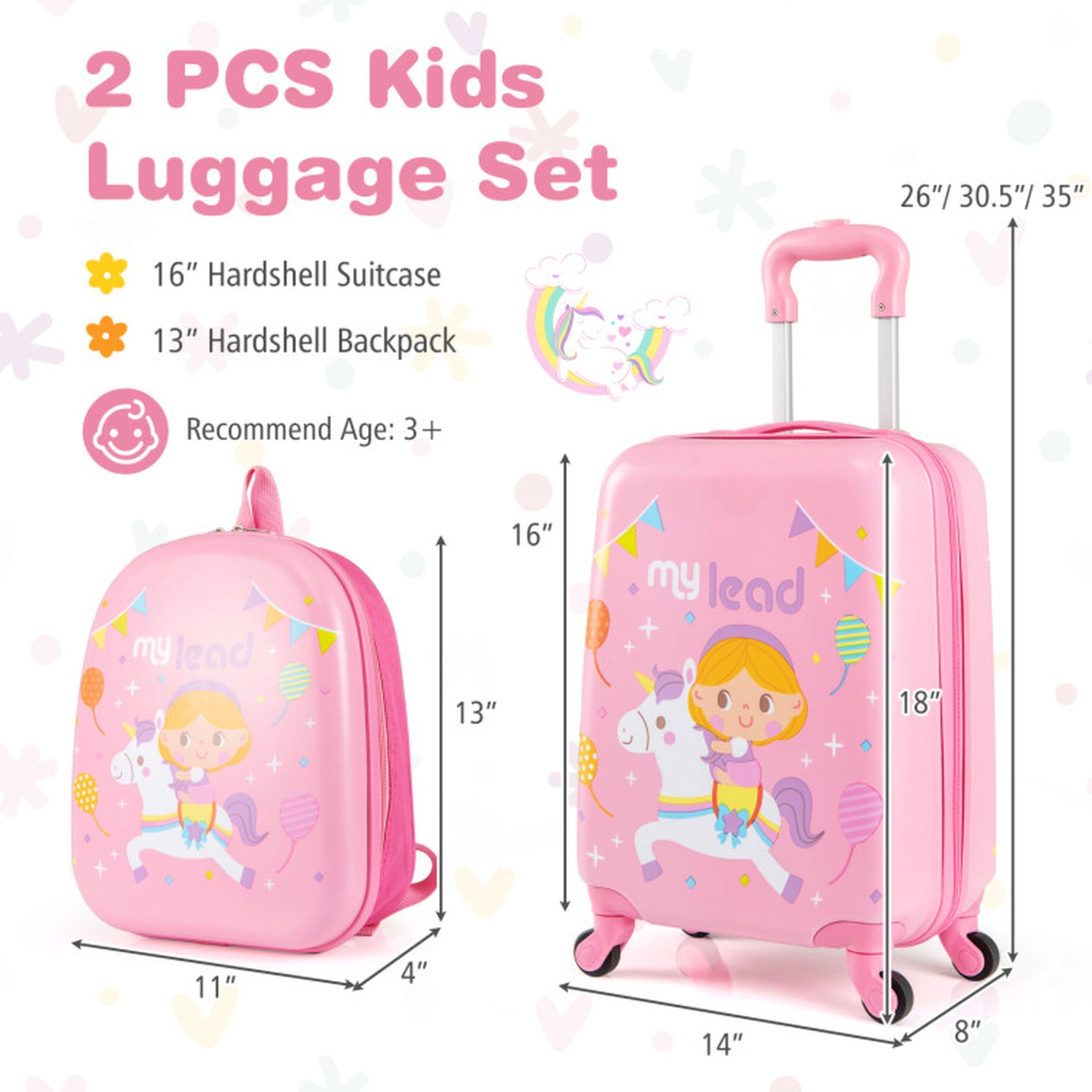 SUGIFT Kids 2-Piece Spinner Wheels Carry-On Suitcase Backpack Luggage Set 14-in x 8-in x 18-in Ages 3+ Pink
