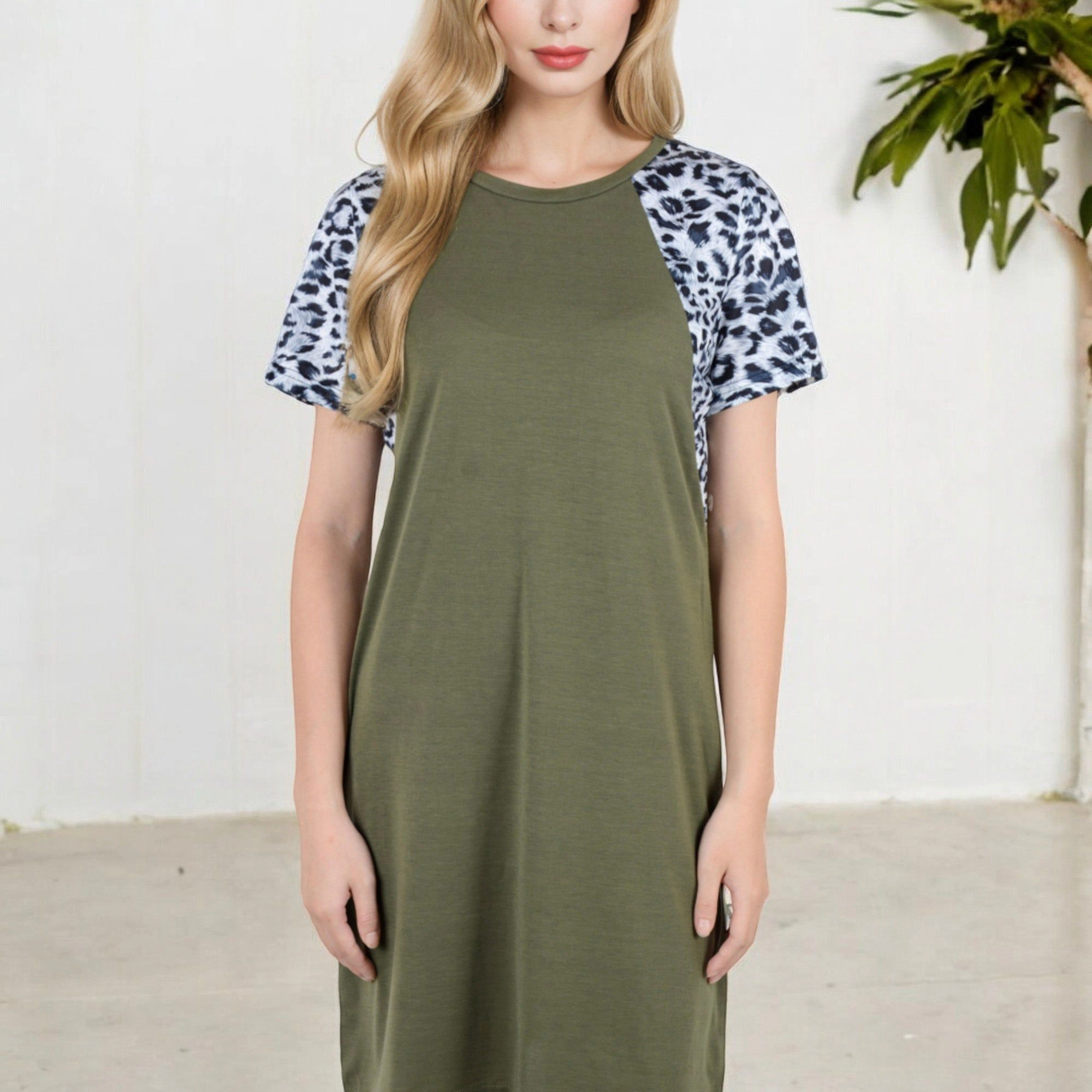 Anna-Kaci Women's Short Sleeve Leopard Print Raglan Relaxed Fit T-Shirt Dress