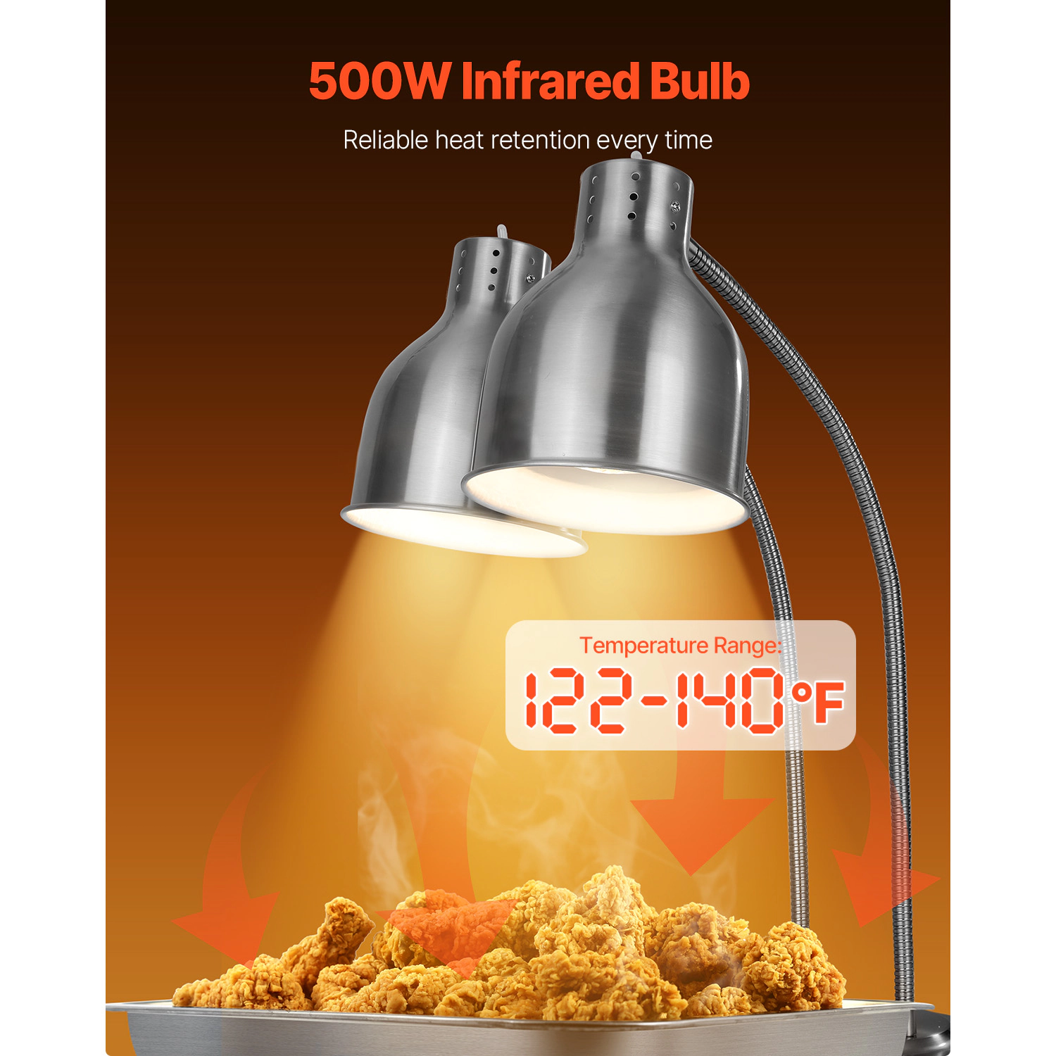 HONGGE Food Heat Lamp, 500W Commercial Food Warmer Light, Electric Stainless Steel French Fry Heating Lamp