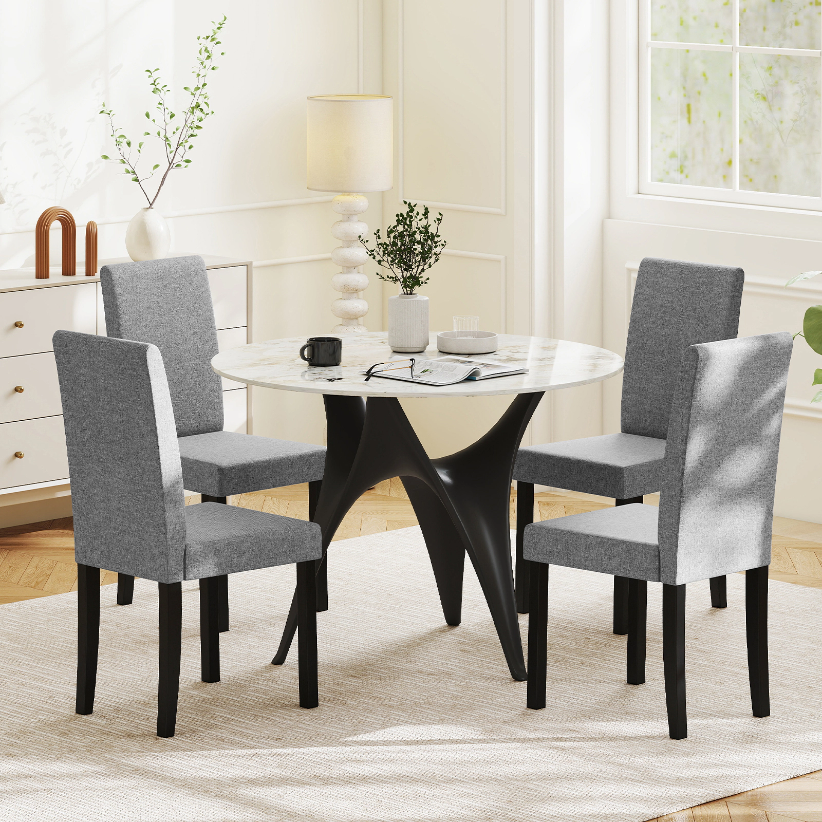 SUGIFT Set of 2 Mid-Century Modern Fabric Upholstered Parson Dining Chairs 330-Lb Capacity Light Gray