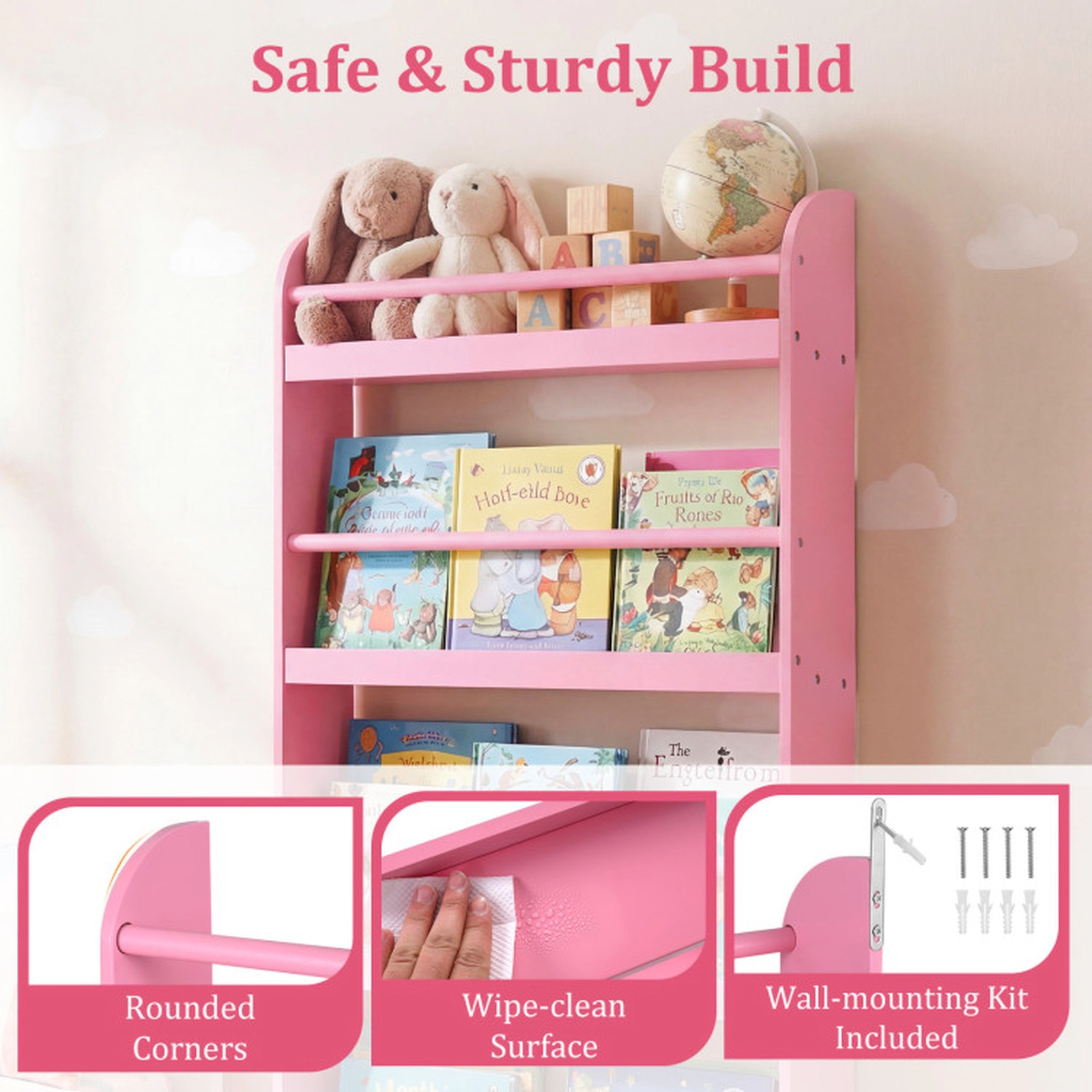 SUGIFT Pink 4-Tier Kids Wall Bookshelf Organizer with Basswood Crossbar