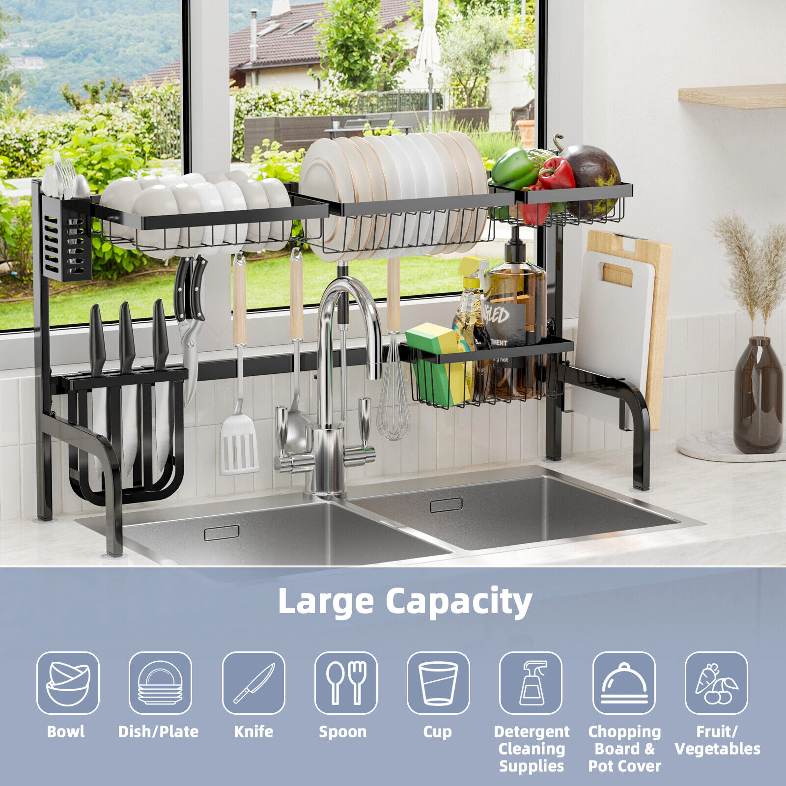 SUGIFT 2-Tier Adjustable Over Sink Dish Drying Rack 4 Baskets 5 Hooks 110-lb Total 22-lb per Basket 21-39-in Wide Black