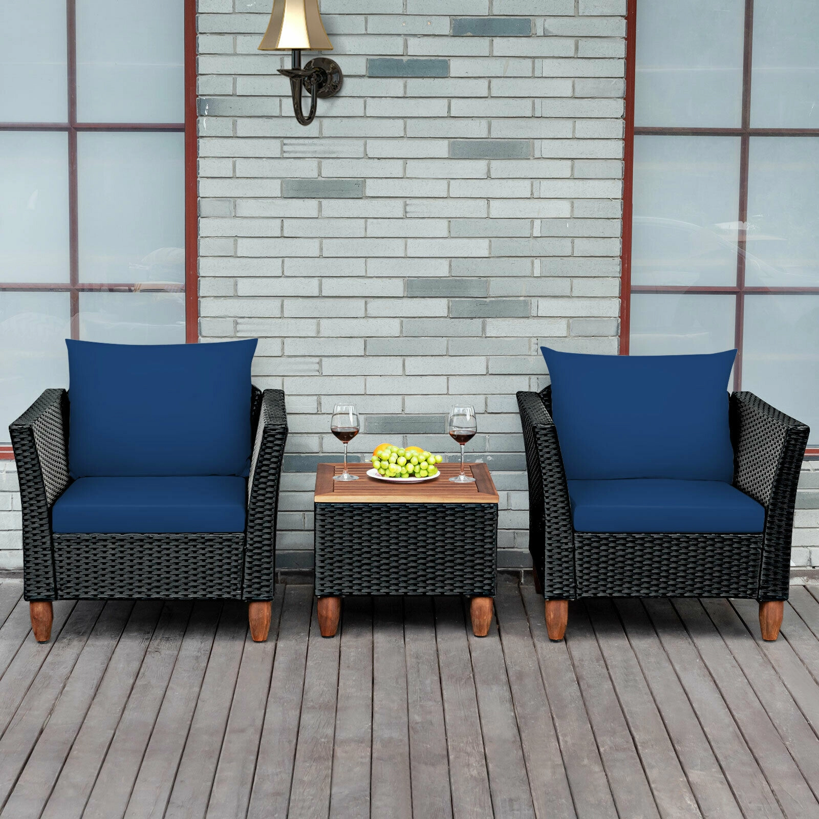 SUGIFT Outdoor Rattan Conversation Set with Acacia Wood Table 400-Lb Chair Capacity Navy