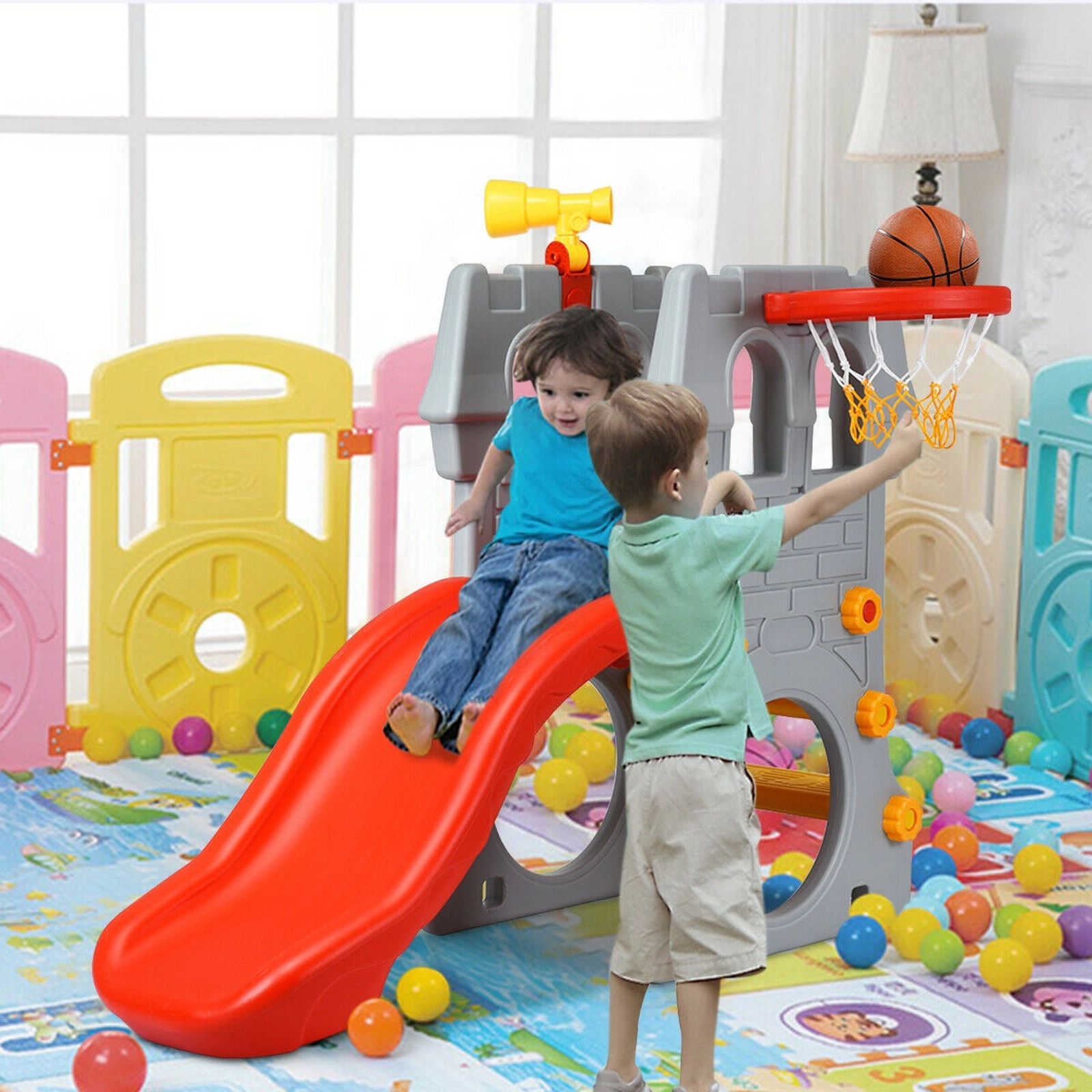 5-in-1 Toddler Climber Slide Playset 12-in Basketball Hoop Football Goal Telescope Guardrails 110-lb Capacity Ages 3-8
