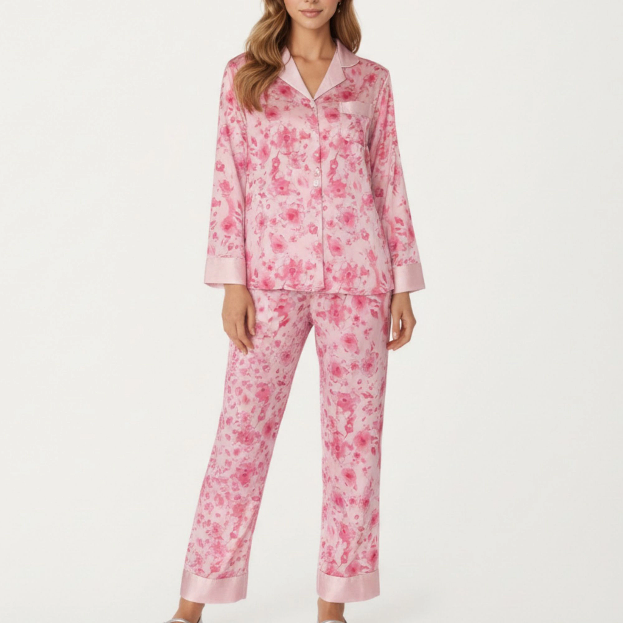 Anna-Kaci Women's 2-Piece Floral Satin Button Front Pajama Top with Contrast Cuffs and Matching Relaxed Fit Lounge Pants