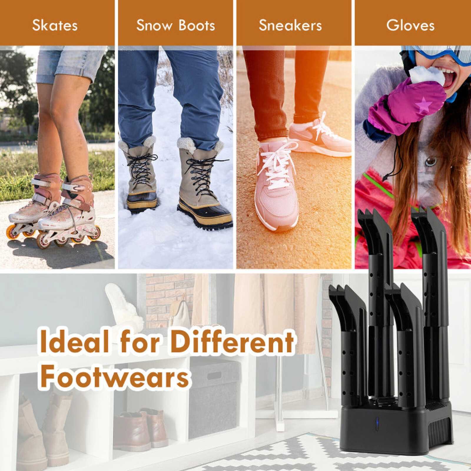 SUGIFT 200W Electric Boot and Shoe Dryer with 4 Anti-Blocking Tubes 180-Minute Timer and Quiet 52dB Fan
