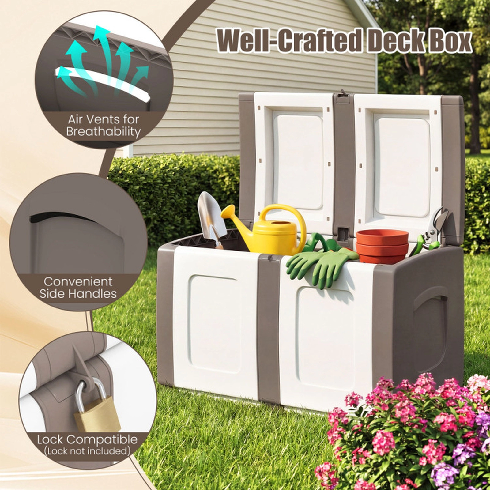 SUGIFT 53 Gallon Patio Storage Container Deck Box 155-lb Capacity 37-in Wide Lockable Lid Beige + White/Gray + White