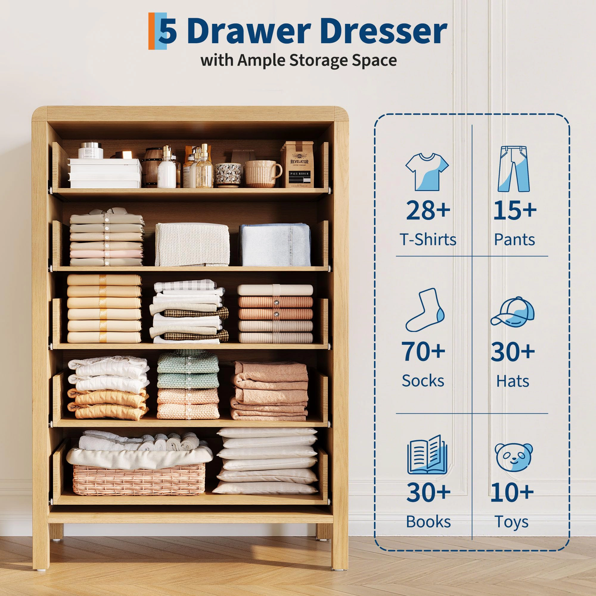 5 Drawer Dresser for Bedroom, 47" Tall Storage Cabinet, Nightstand with Large Clothes Organizer