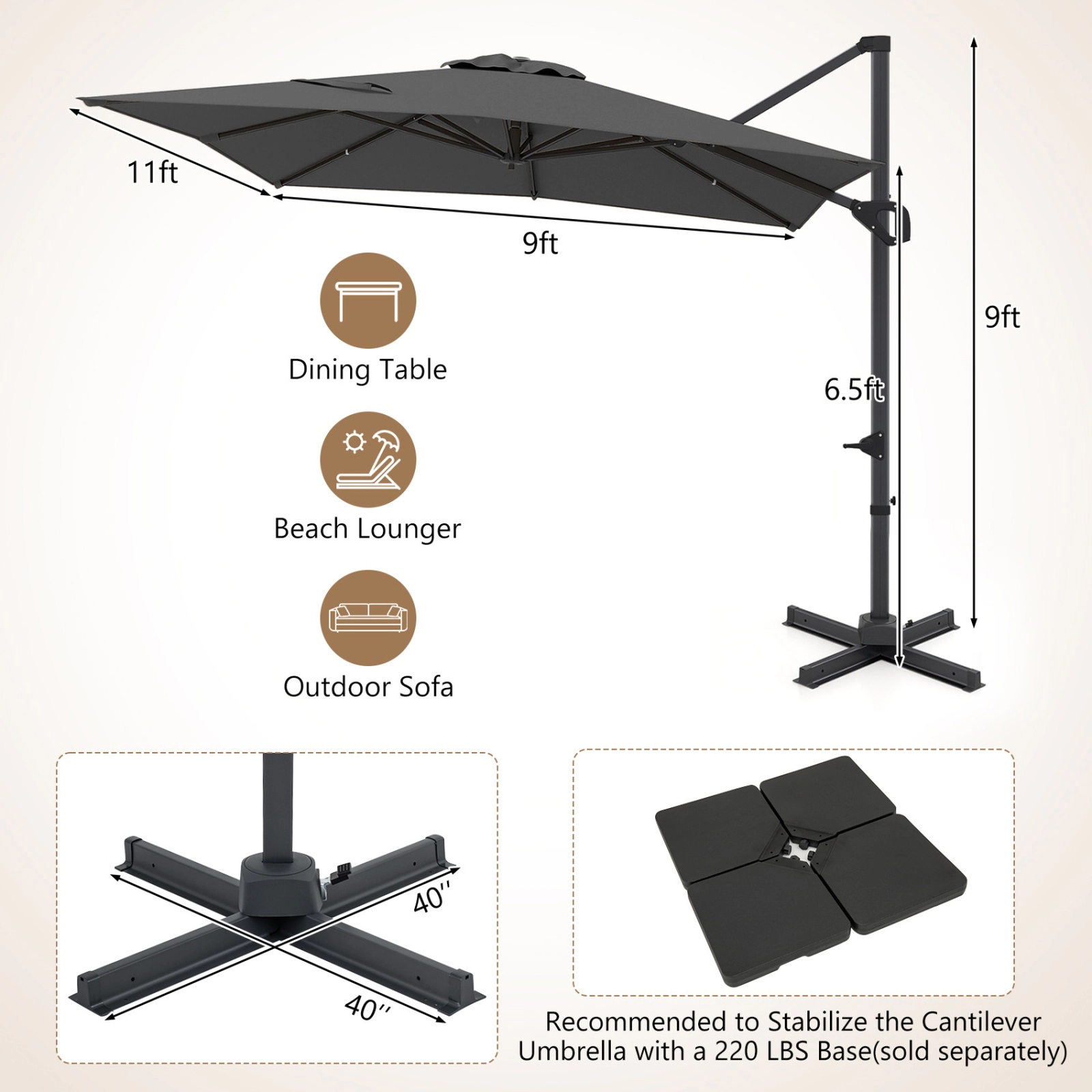 SUGIFT 11 x 9-ft Gray Rectangular Cantilever Patio Umbrella, 360° Rotation