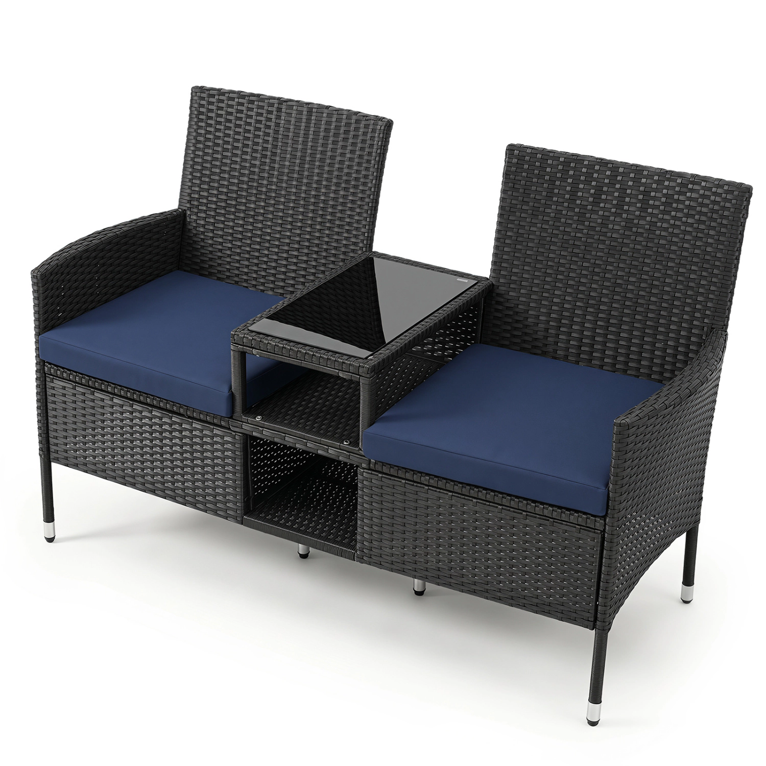 LJG Outdoor Wicker Patio Loveseat with Built-in Glass Side Table
