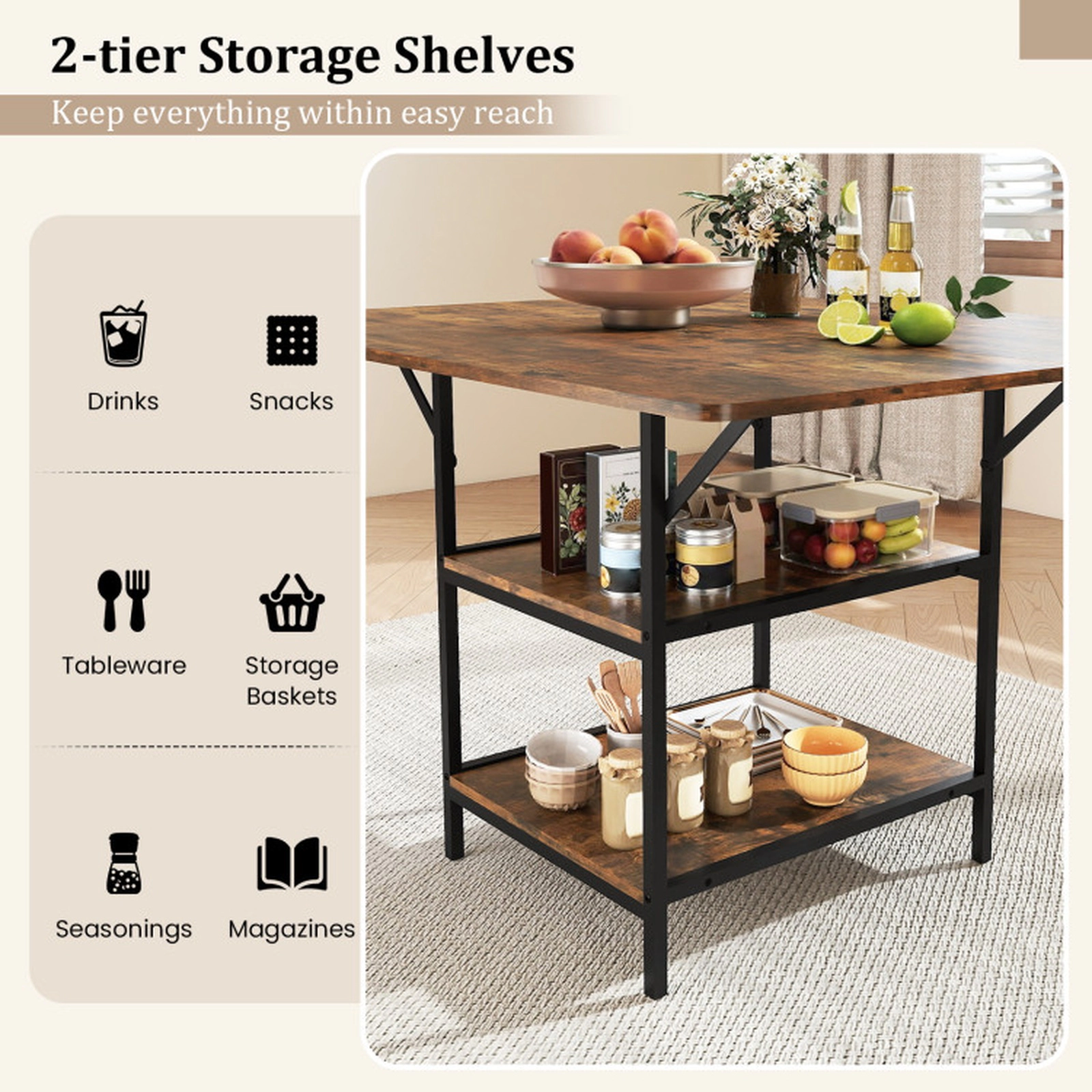SUGIFT 47-in Rectangular Dining Table 2 Open Storage Shelves 155-lb Tabletop Capacity for 4-6 People Rustic Brown/Black