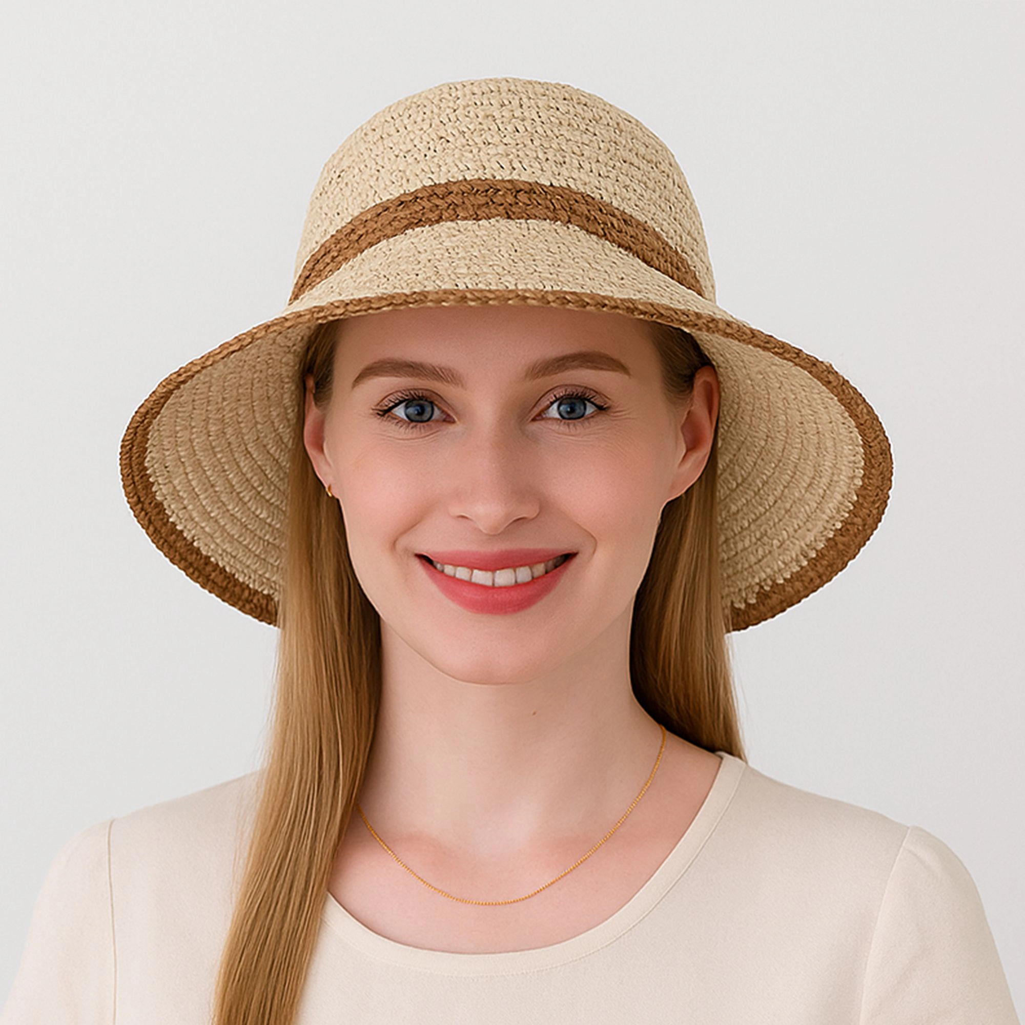 Anna-Kaci Women's Packable Crochet Straw Bucket Hat with Two-Tone Design Lightweight Summer Sun