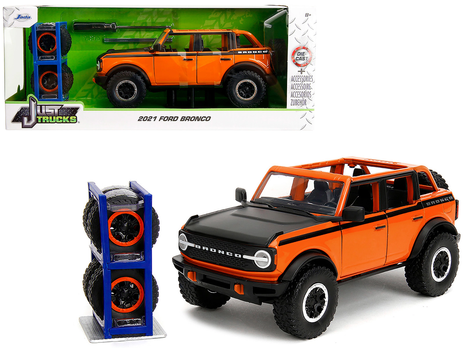 Jada 2021 Ford Bronco Open-Top Orange with Black Stripes and Hood with Extra Wheels "Just Trucks" Series 1/24