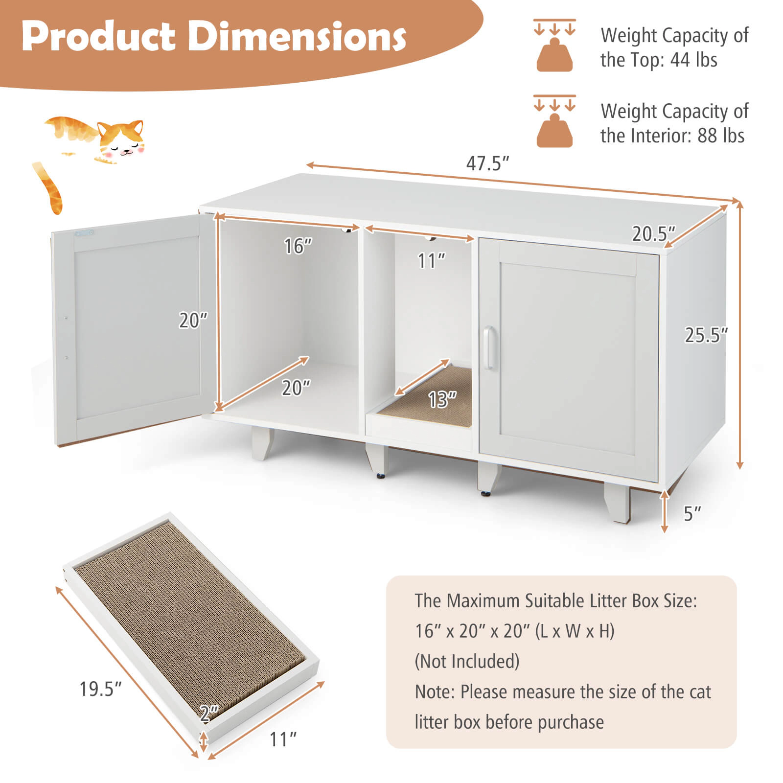 SUGIFT Gray 2-Door Cat Litter Box Enclosure with Scratching Board 47.5-in W 20.5-in D 25.5-in H 88-lb Per Shelf