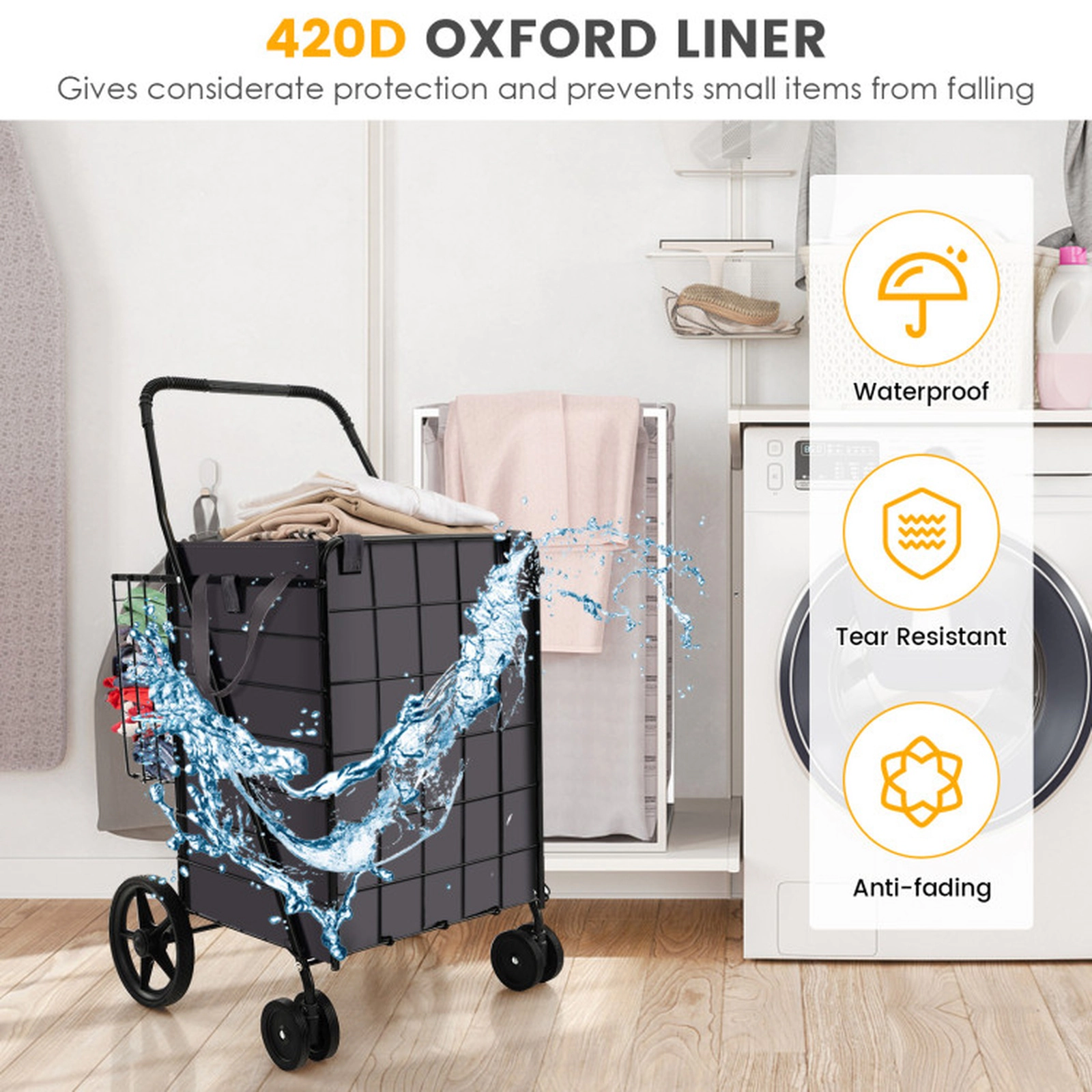 SUGIFT Folding Rolling Shopping Cart Waterproof Oxford Liner Back Basket 90-lb Capacity 24 x 23.5 x 40-in Black