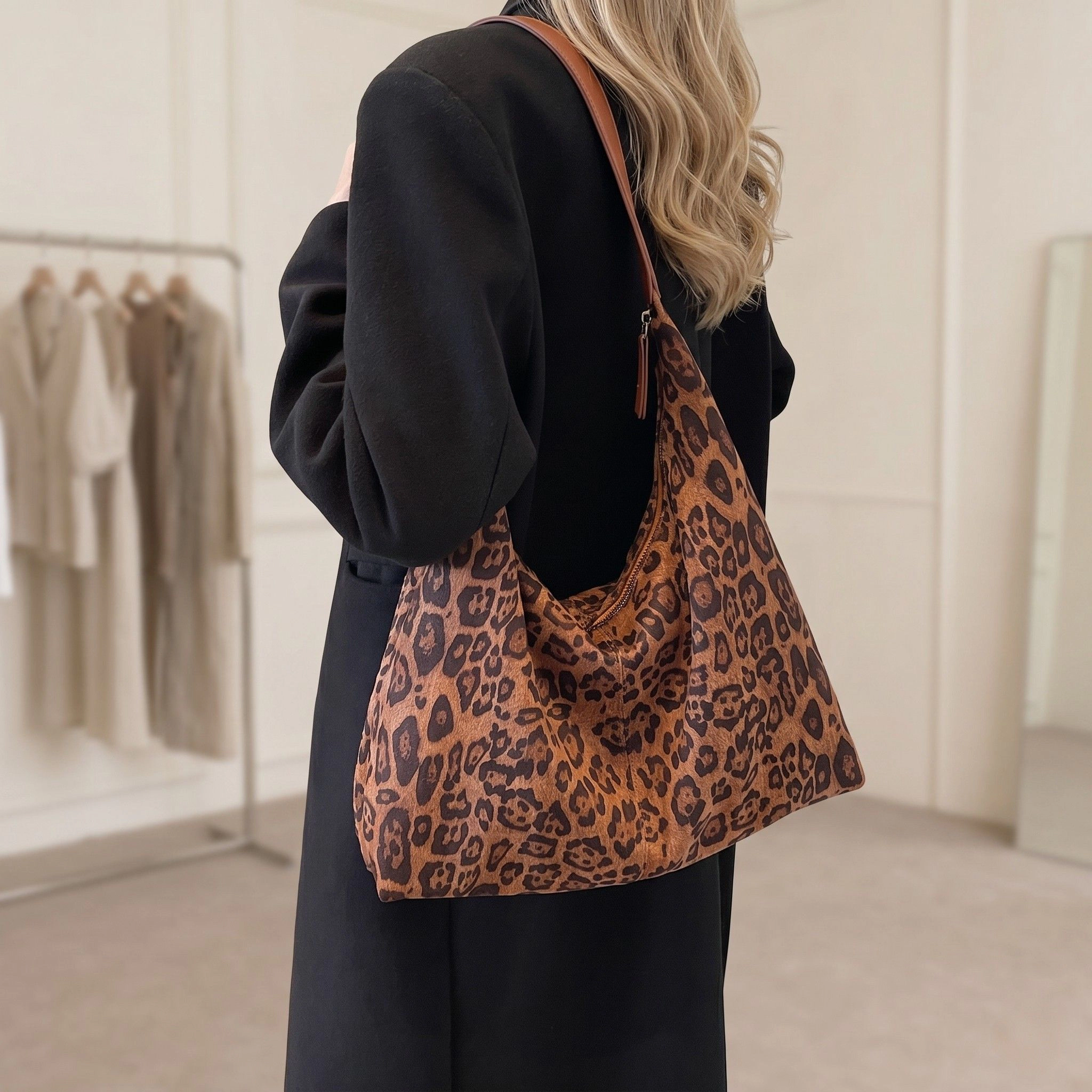 Alilang Women's Leopard Print Tote Bag with Single Shoulder Strap and Magnetic Snap Closure, Classic Brown