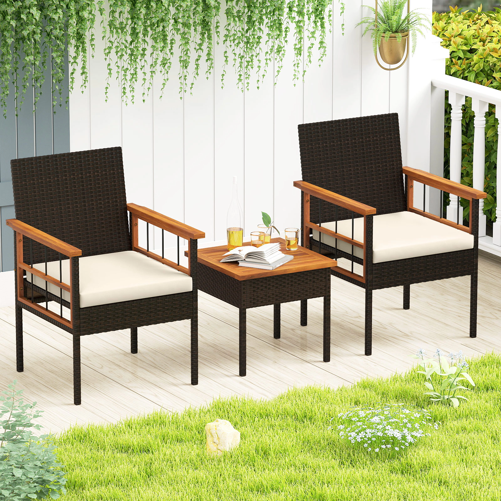 LJG 3 Piece Wicker Furniture Set with Acacia Wood Tabletop and Armrest for Balcony