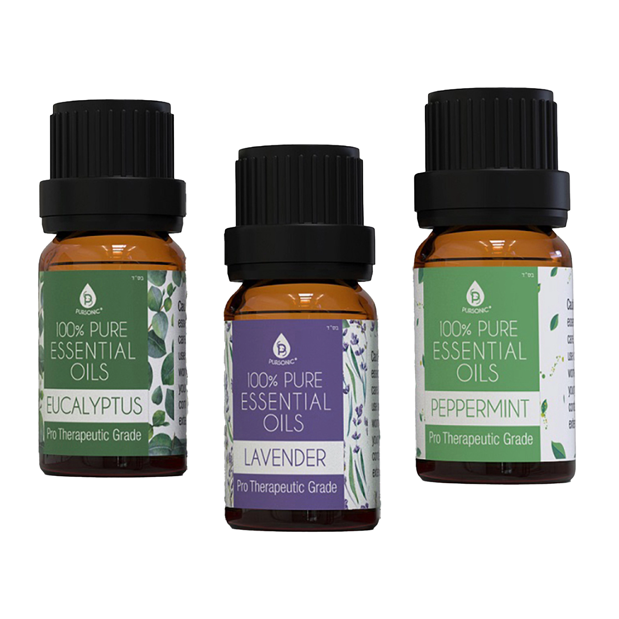 Pursonic Unisex Natural Aromatherapy Essential Oil Set: 3 Pack of 100% Pure Essential Oils (Eucalyptus, Lavender & Peppermint)