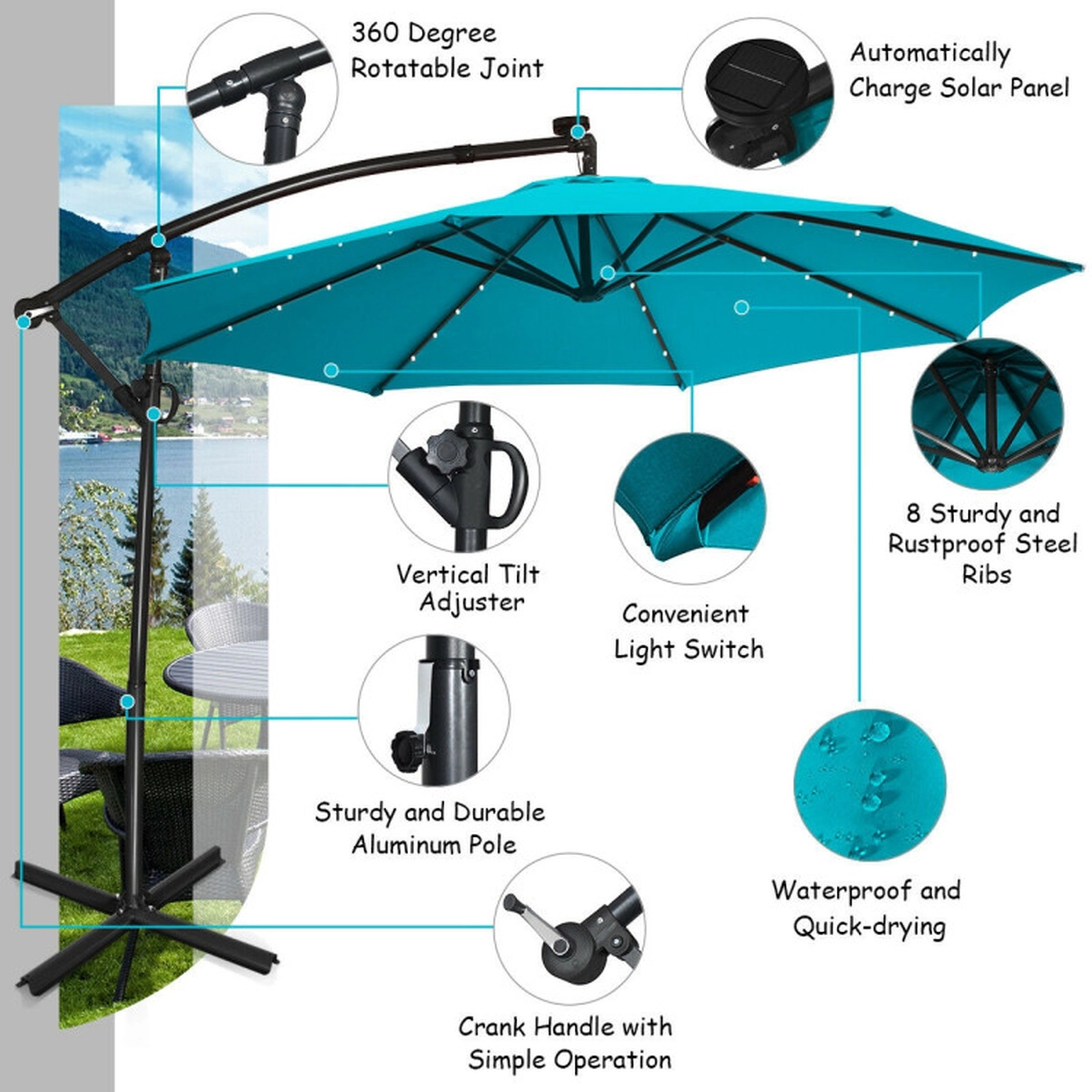 SUGIFT Solar Powered LED Patio Offset Umbrella with 360° Rotation and 32 Lights 10-ft Canopy Turquoise