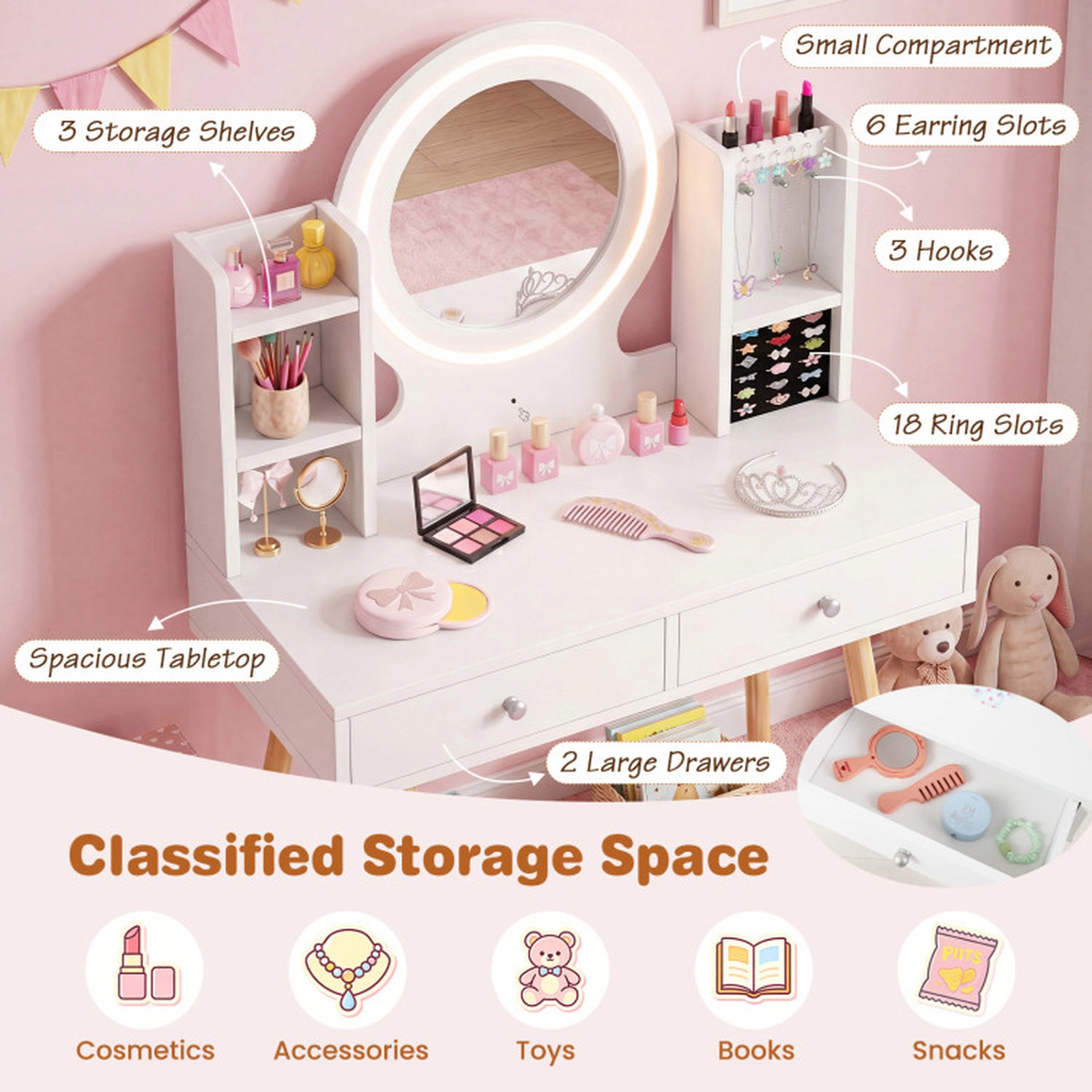 SUGIFT Lighted Kids Vanity Set Mirror, Storage Drawers & Chair 110-lb Tabletop Capacity 155-lb Chair Capacity Ages 3+