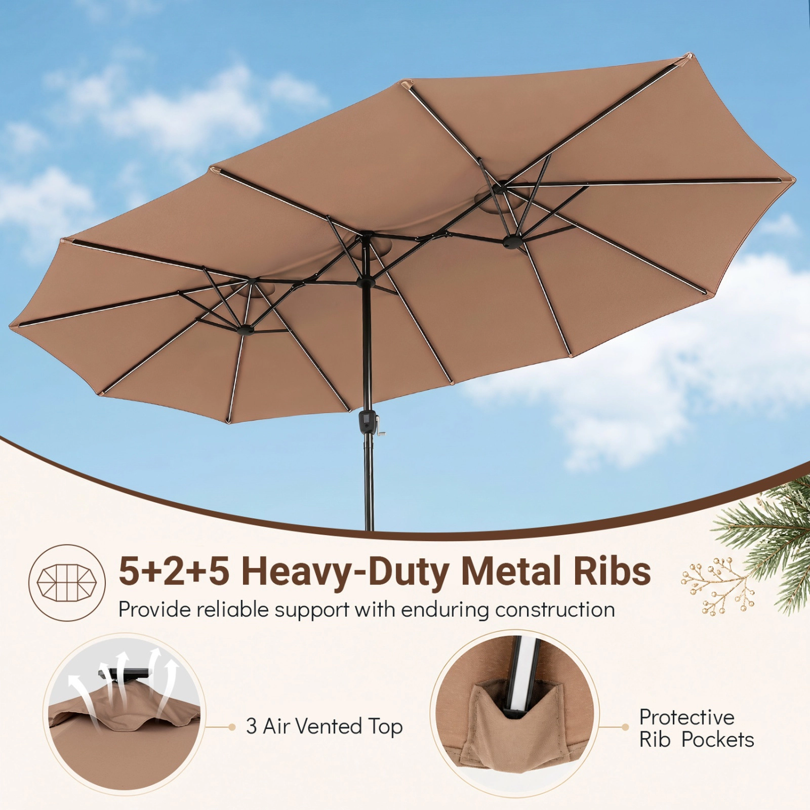 SUGIFT 144 Solar LED Lights and 12 Ribs 15.5 FT Extra-Large Double-Sided Patio Umbrella