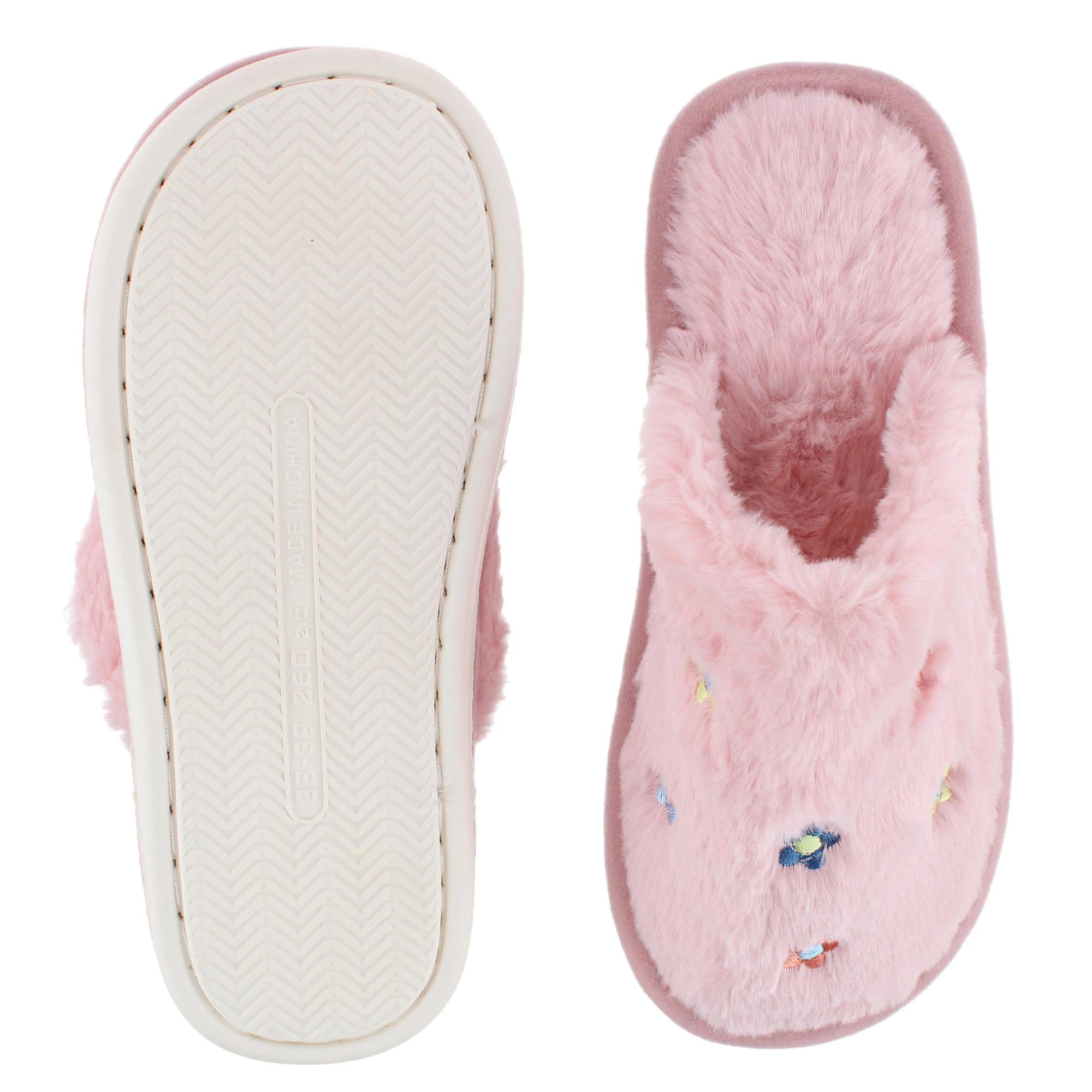 CTM Women's Flower Print Fur Slippers