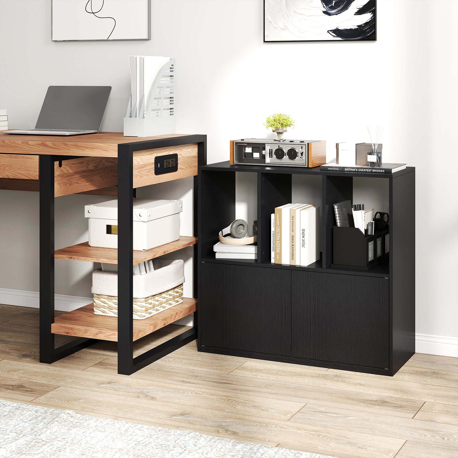 SUGIFT 3-Cube Bookcase with Doors and Enclosed Cabinet Compartment