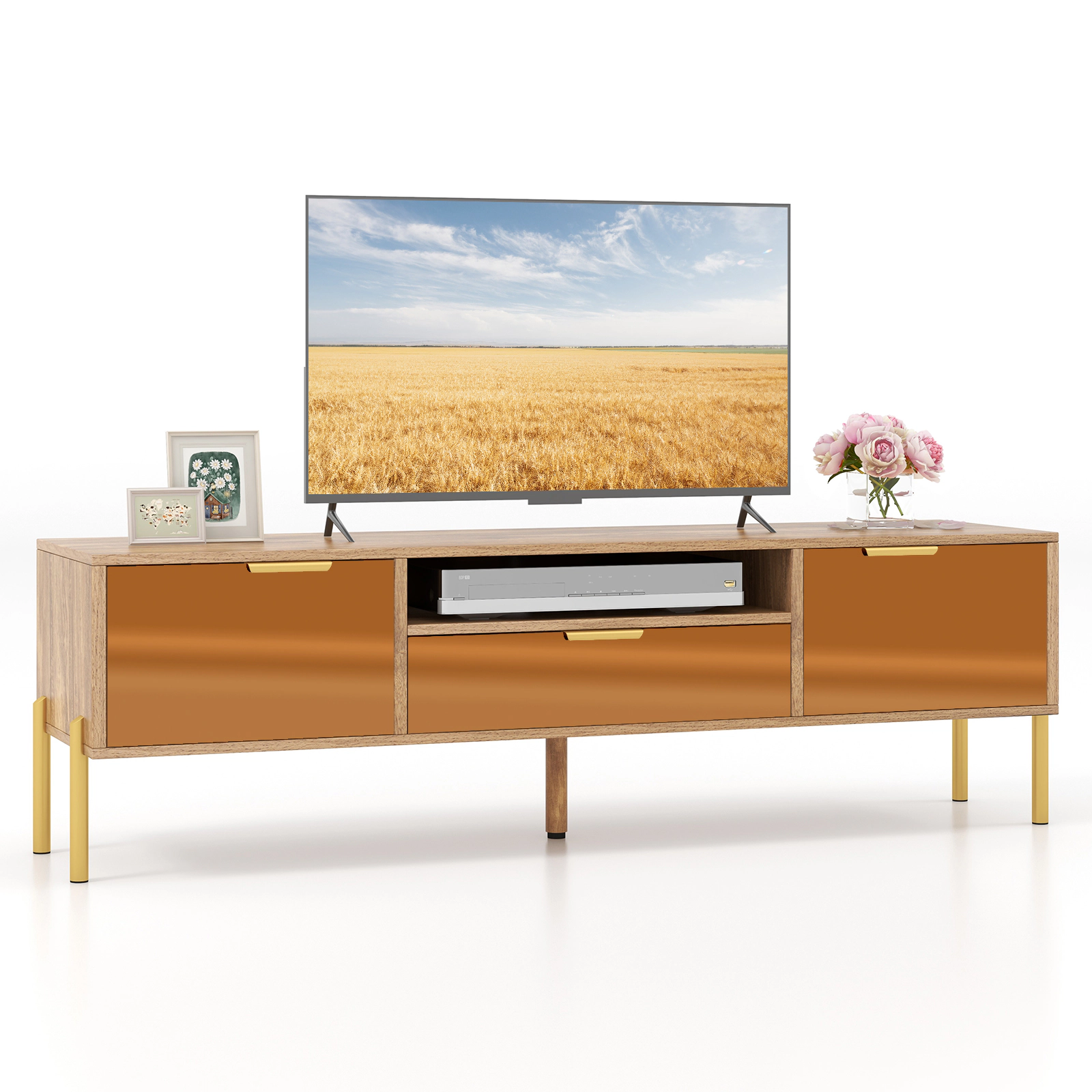 LJG Mirrored TV Stand for TV up to 65 Inch with Spacious Tabletop and 2 Storage Cabinets