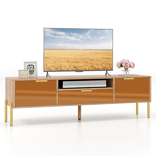 LJG Mirrored TV Stand for TV up to 65 Inch with Spacious Tabletop and 2 Storage Cabinets
