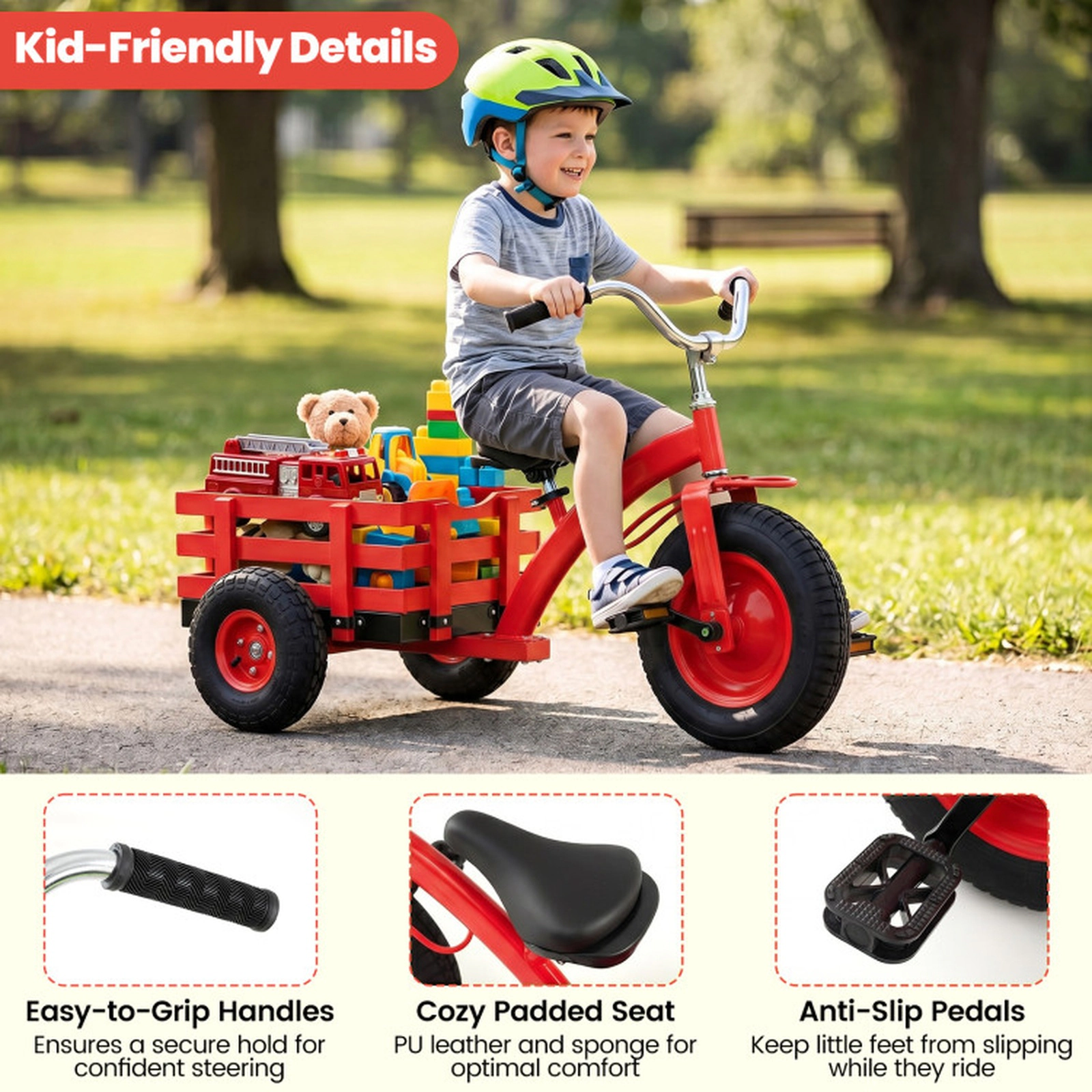 SUGIFT Red Inflatable Rubber Tires and Rear Cargo Basket 200-lb Kids Tricycle