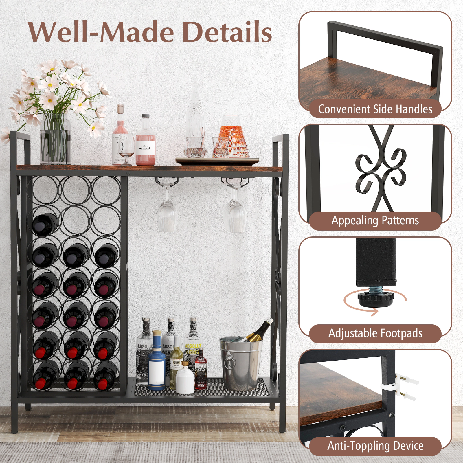 SUGIFT 21 Bottle Wine Rack Rustic Brown Freestanding Floor Organizer with Glass Holder