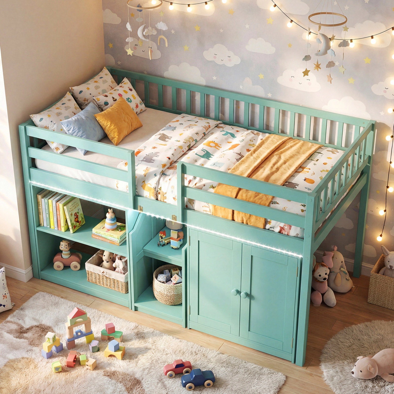SUGIFT Green LED Lights Stairs Bookshelf and Cabinet Twin Size Kids Loft Bed