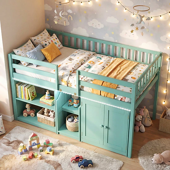 SUGIFT Green LED Lights Stairs Bookshelf and Cabinet Twin Size Kids Loft Bed