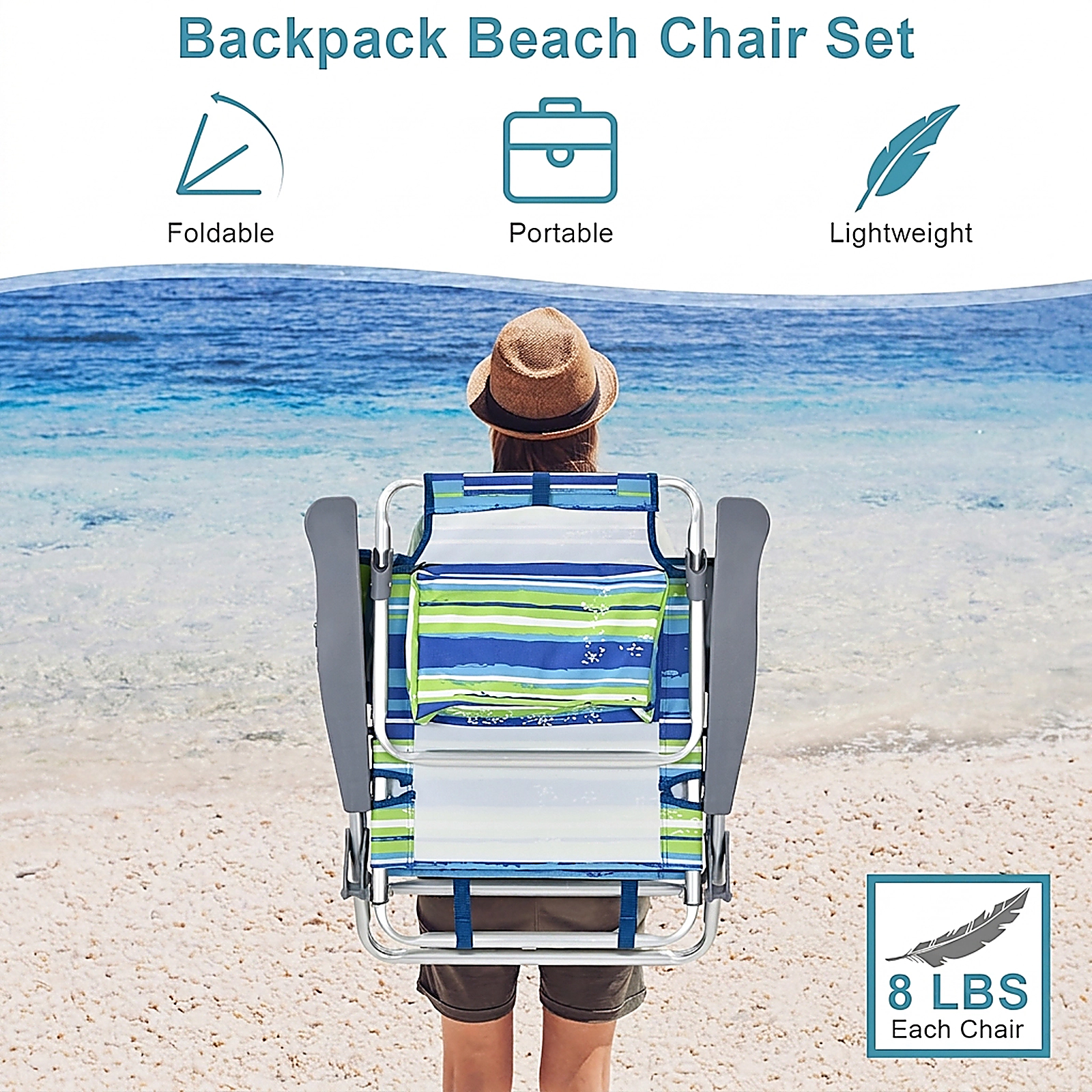 SUGIFT 5-Position Outdoor Folding Backpack Beach Chair & Table Set 330-lb Chair Capacity Blue & Green with Silver Table