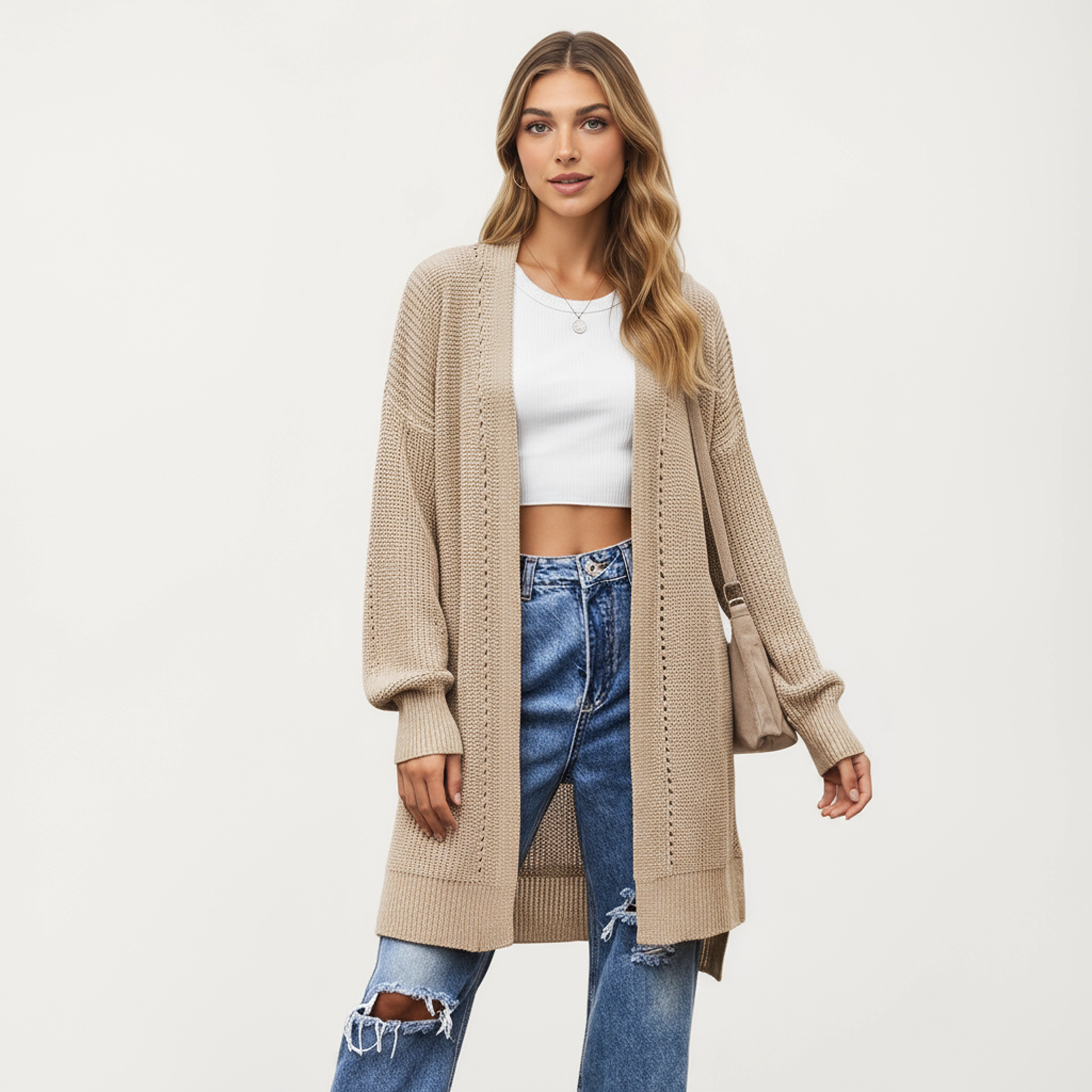 Anna-Kaci Women's Open Front Knit Cardigan with Relaxed Fit and Textured Detailing