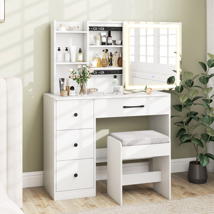 Hivvago Vanity Desk With Sliding Mirror And Lights Makeup Table And Chair Set With 4 Drawers