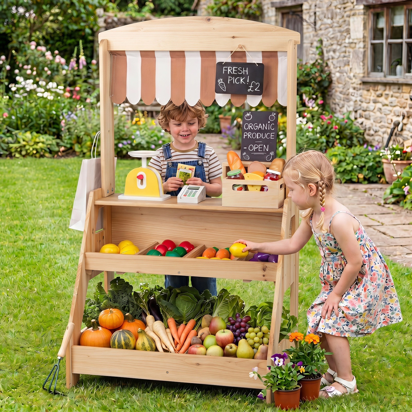 2-in-1 Outdoor Mud Kitchen and Kids Market Stand Planter Box Scale 2 Chalkboards 25-in x 15.5-in x 43-in Fir Wood