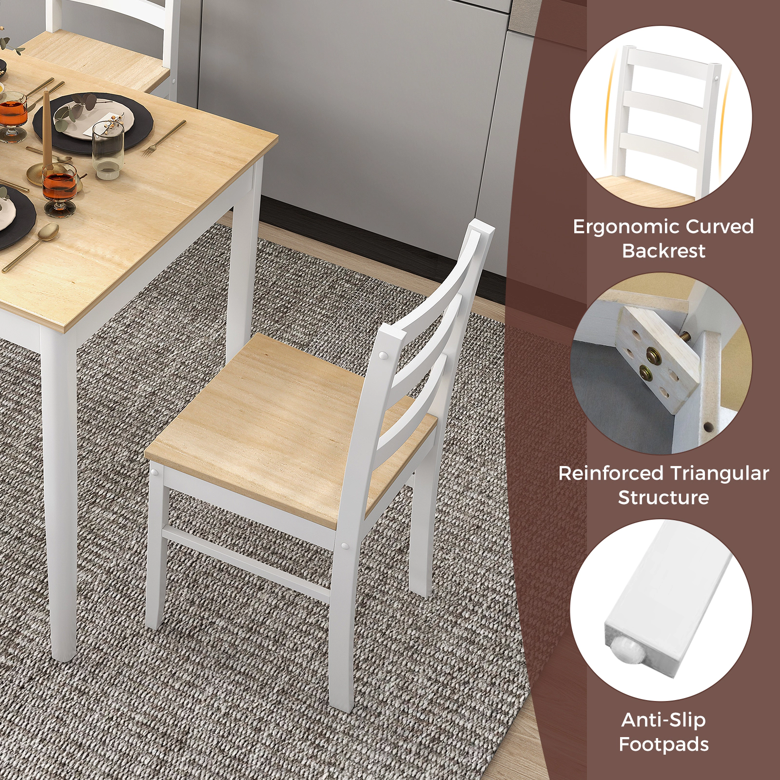 SUGIFT 5-Piece Wooden Dining Set with Rectangular Table and 4 Chairs 200/331-lb Capacity Natural and White