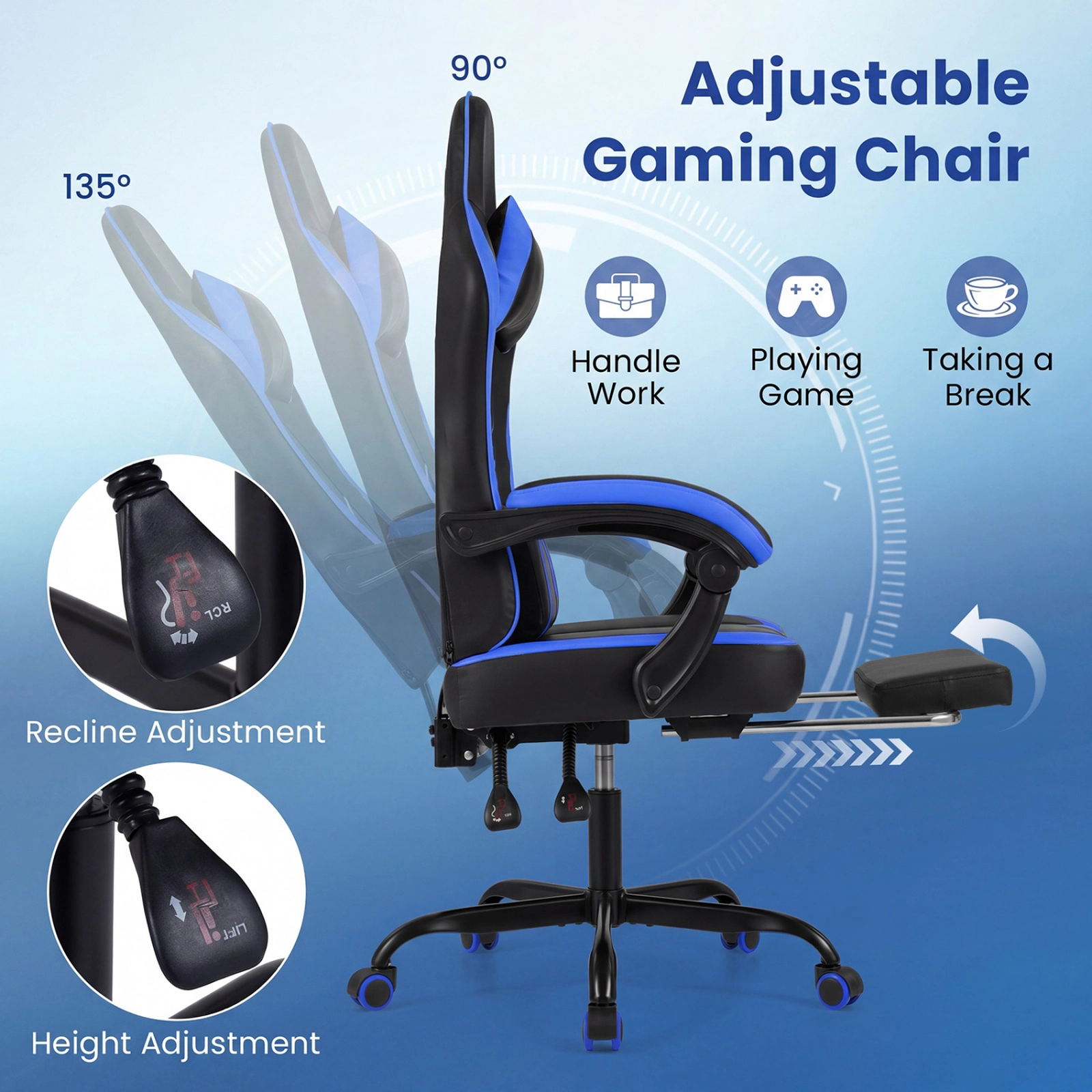 SUGIFT Navy Ergonomic Reclining Gaming Chair with Footrest and Headrest