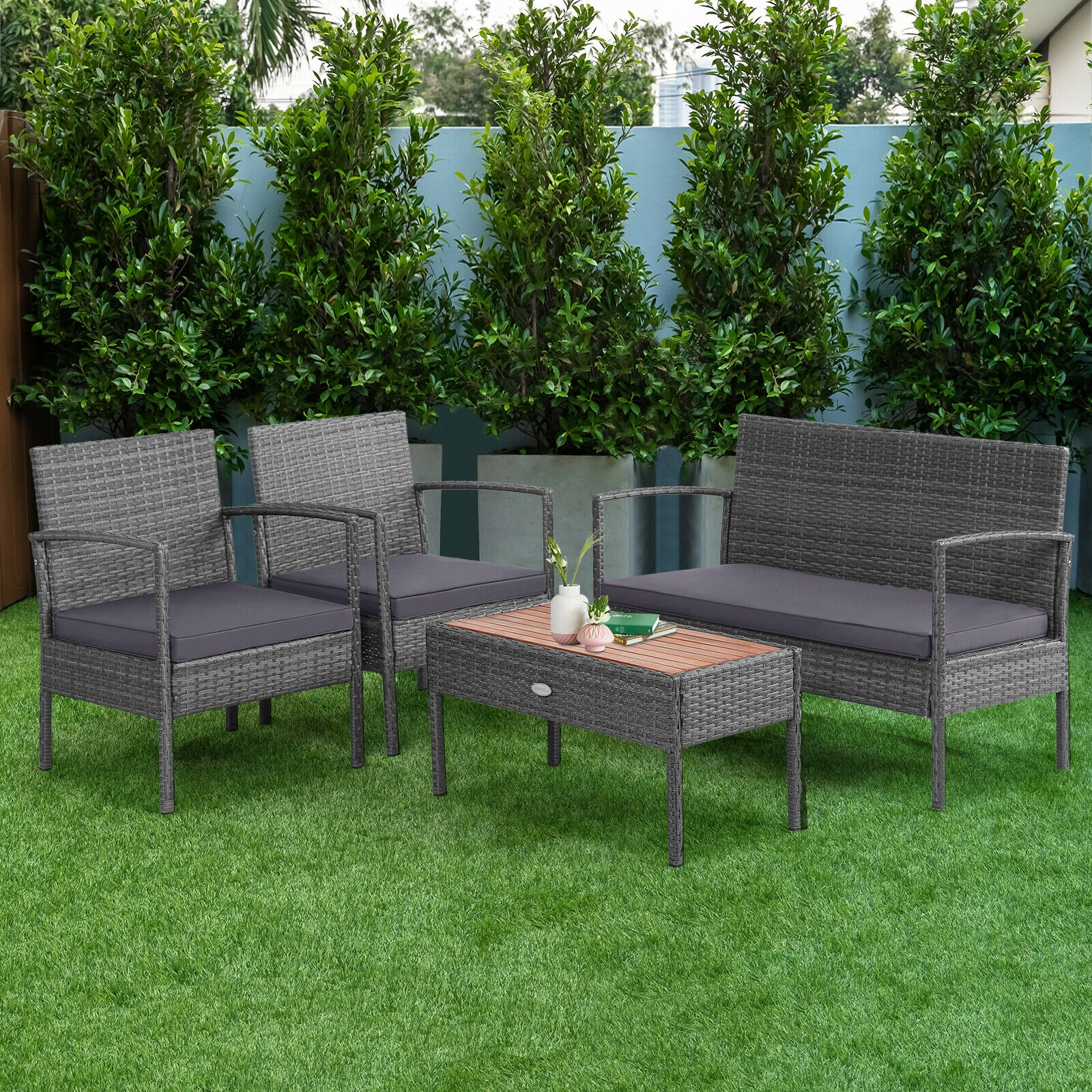 SUGIFT Gray Acacia Wood Tabletop and Cushions 4-Piece Rattan Patio Conversation Set