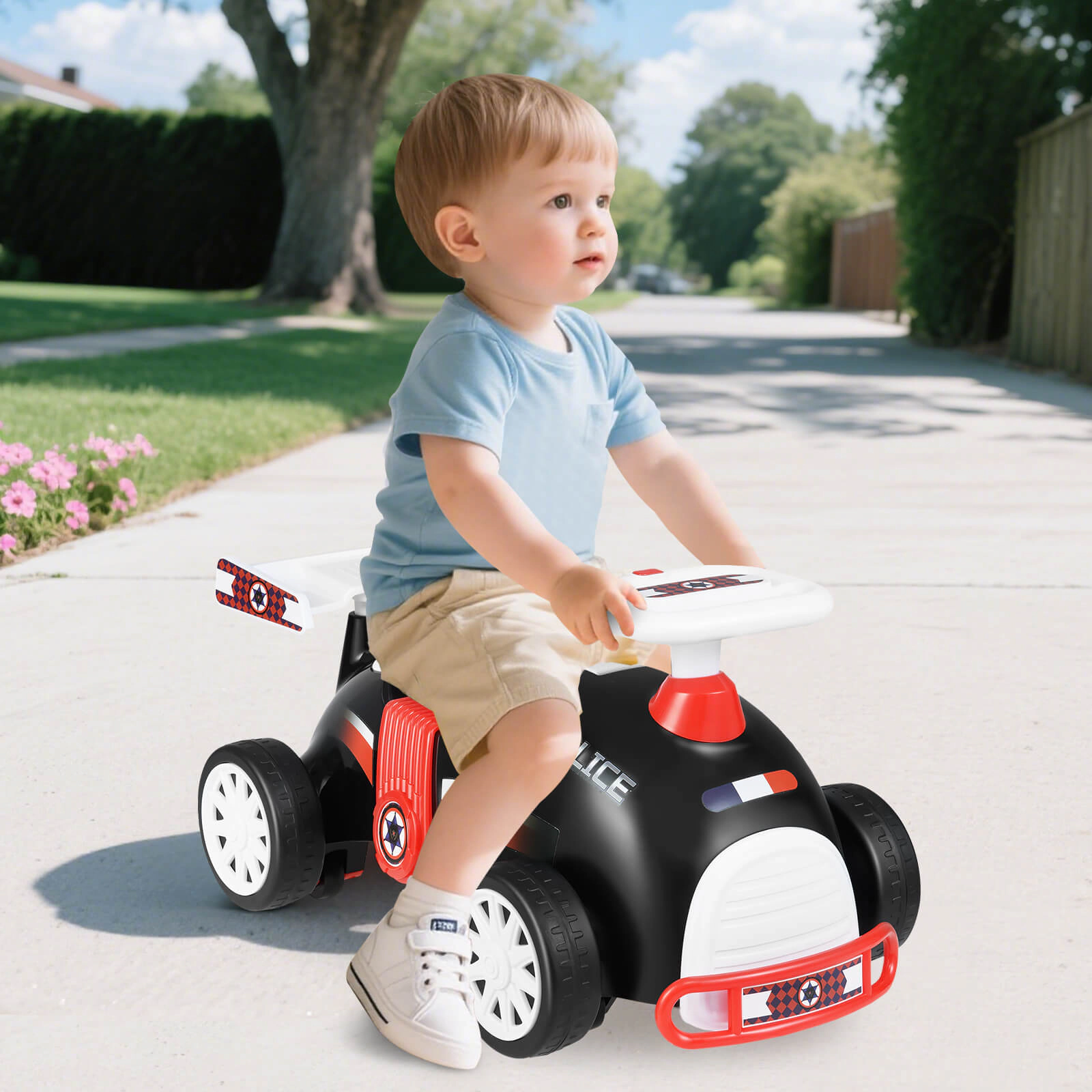 Costway Kids Ride On Push Car with Music Under-Seat Storage Universal Wheels for Boys Girls Black & White