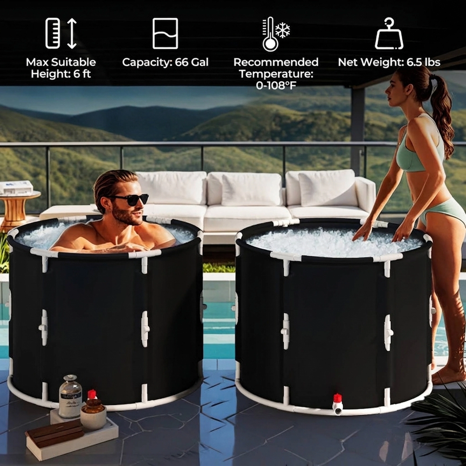 SUGIFT 66 Gal Foldable Ice Bath Tub with Lid Cold Plunge Tub 32.5 x 25 in PVC Canvas Plastic For Adult Black+White