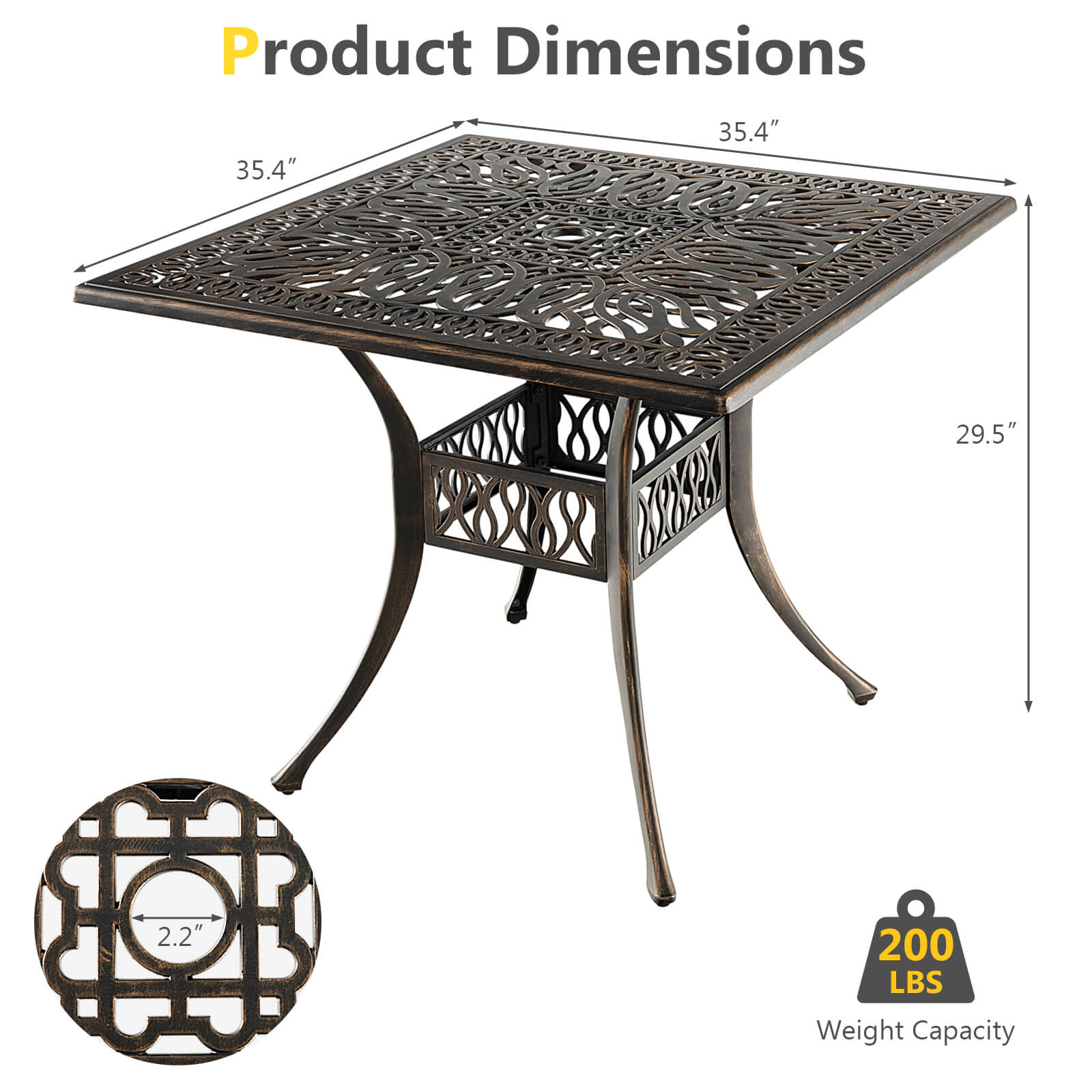 SUGIFT 36-in Cast Aluminum Patio Square Dining Table with 2-in Umbrella Hole 200-lb Capacity 4-Person Antique Brown