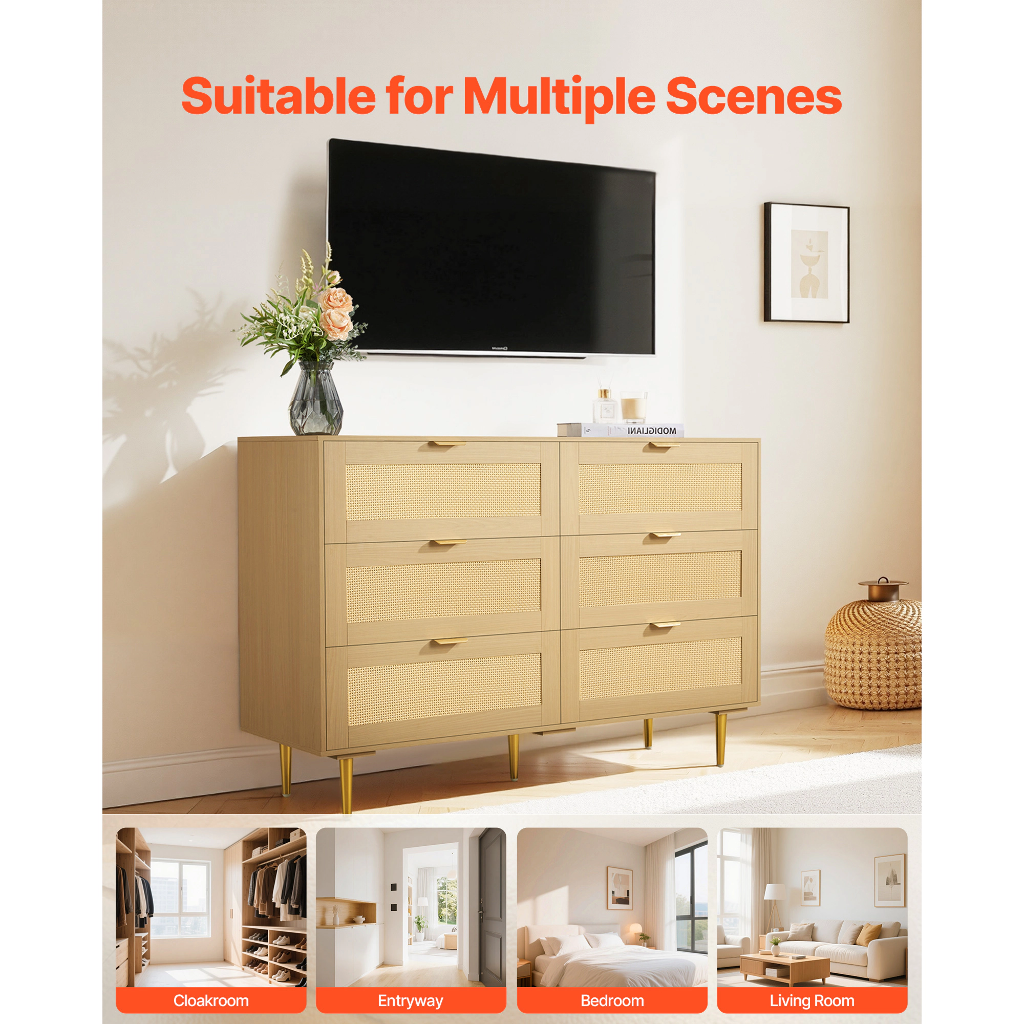 HONGGE 6 Drawer Rattan Dresser, Double Dresser for Bedroom, Natural Rattan Chest of Drawer with Metal Handle