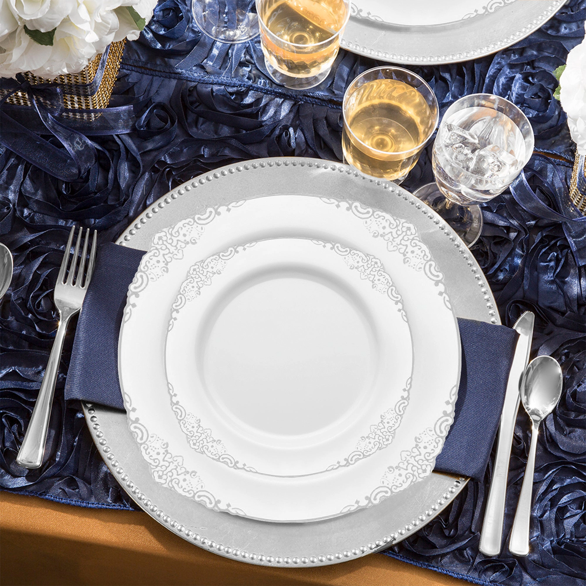Smarty Had A Party White with Silver Fancy Round Disposable Plastic Wedding Value Set