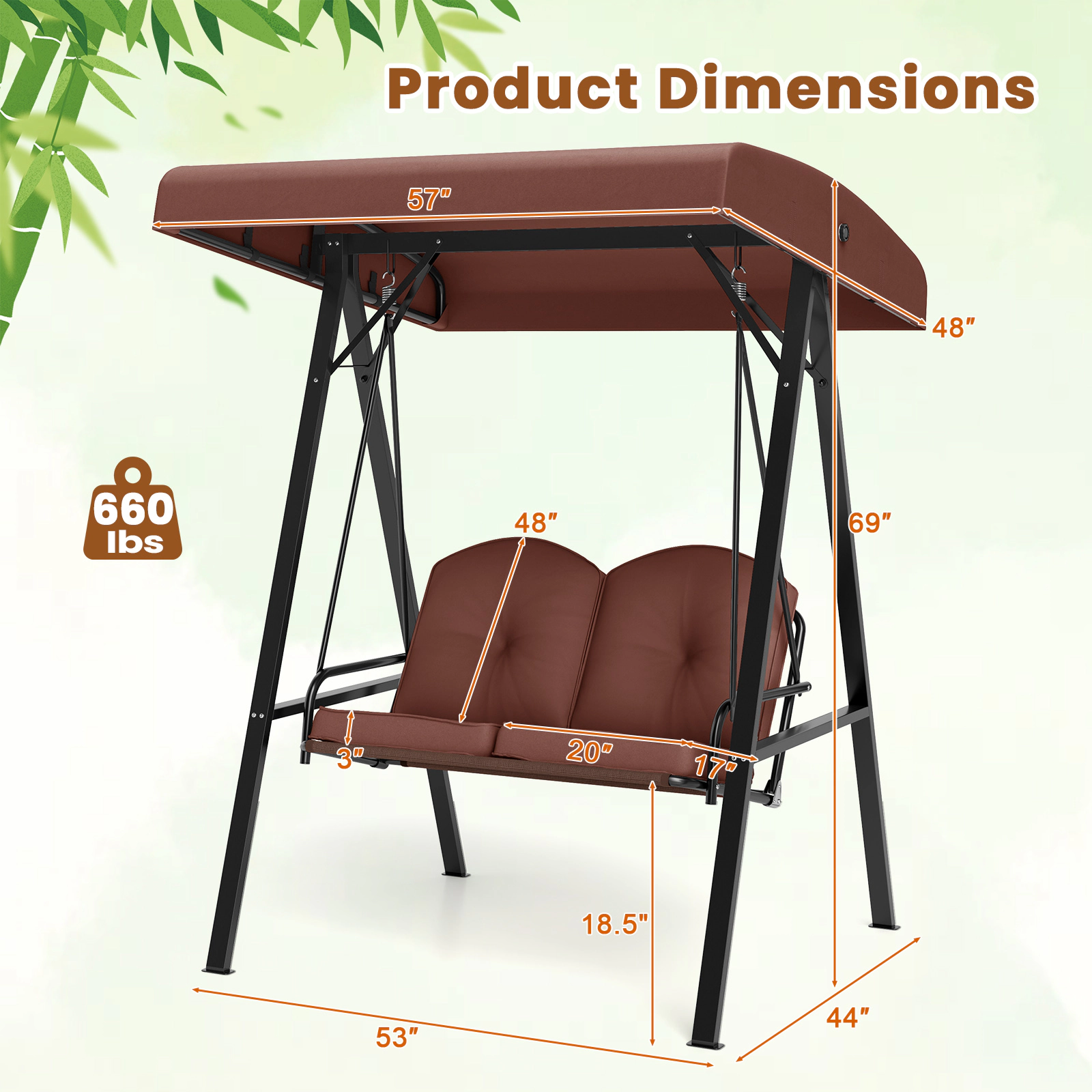 SUGIFT Brown 2-Person Outdoor Porch Swing with A-Frame Stand, Canopy and 3-Inch Cushions