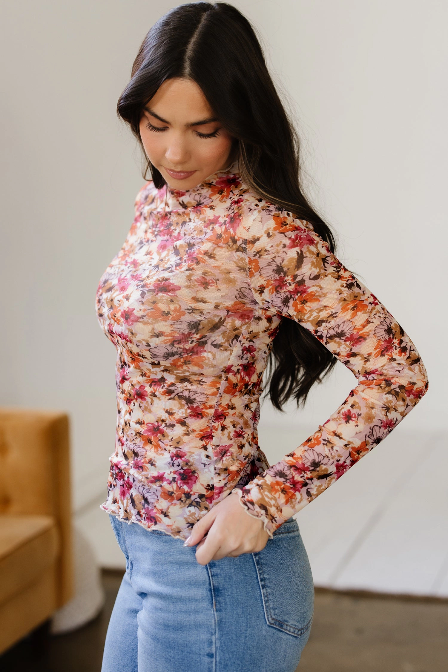Threaded Pear Women's Virginia Floral Print Mesh Long Sleeve Top